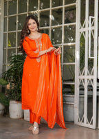 Women’s Orange Traditional Embroidered Kurta Set with Dupatta – 3-Piece Viscose Chanderi Ethnic Outfit