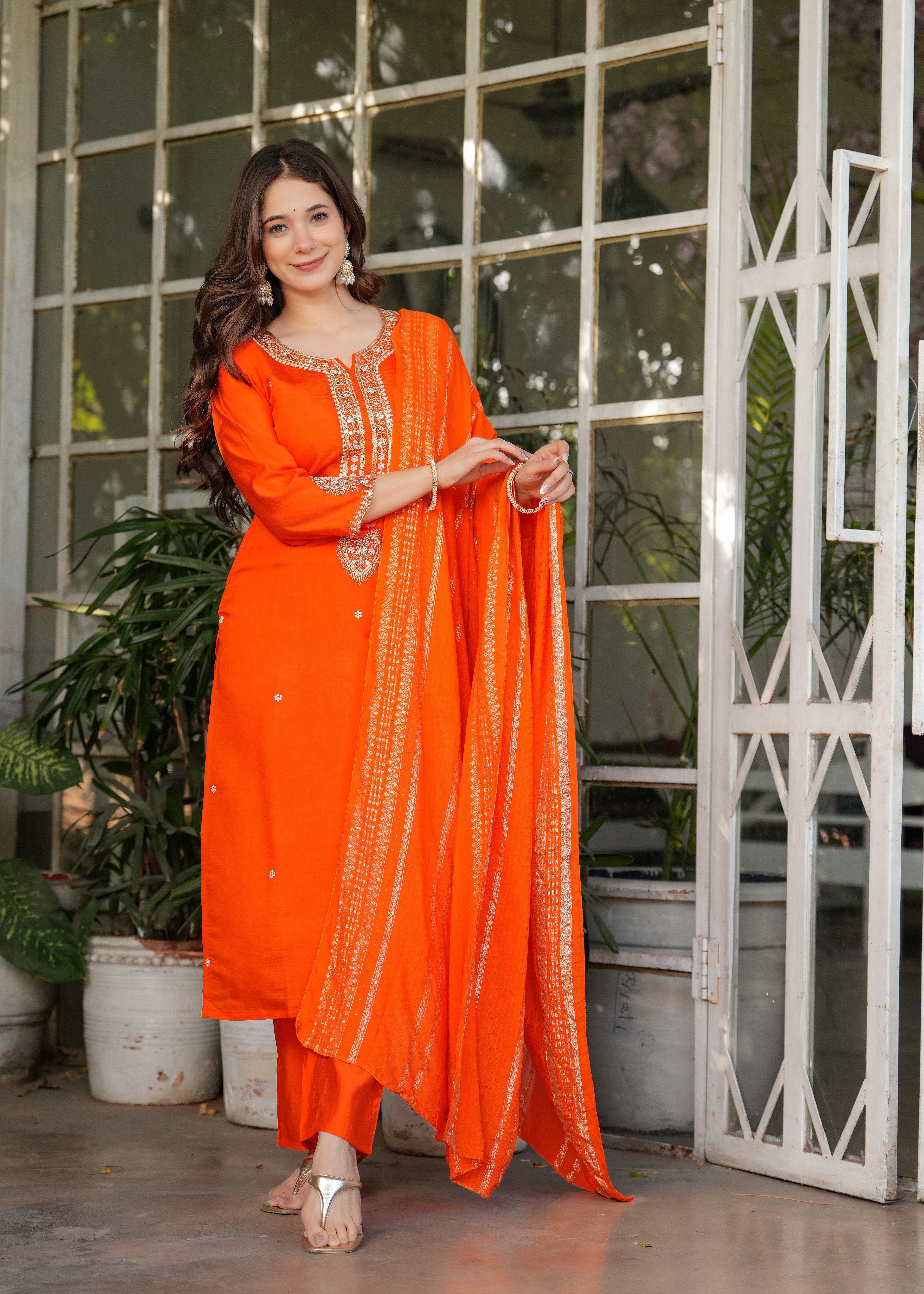 Women’s Orange Traditional Embroidered Kurta Set with Dupatta – 3-Piece Viscose Chanderi Ethnic Outfit