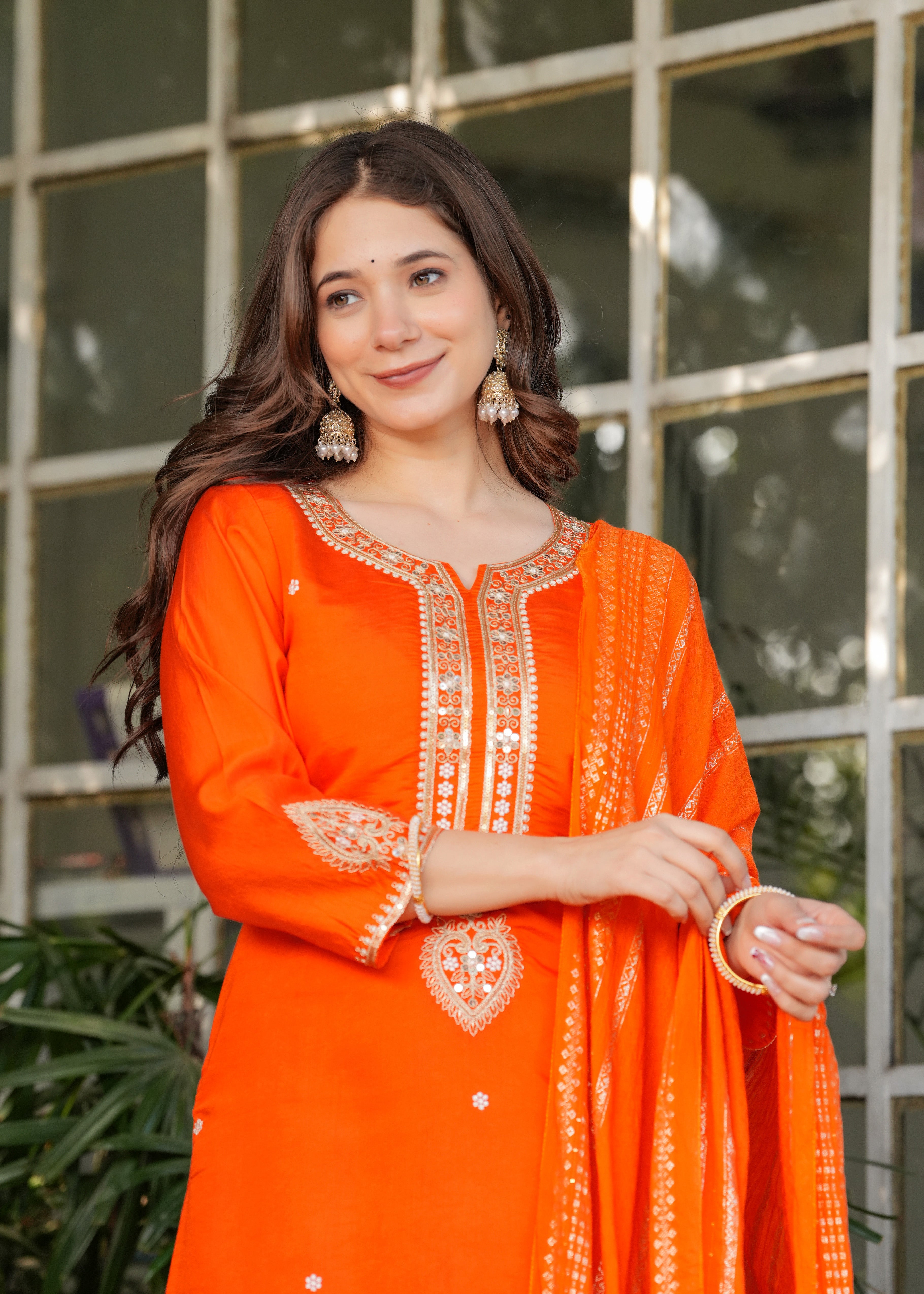 Women’s Orange Traditional Embroidered Kurta Set with Dupatta – 3-Piece Viscose Chanderi Ethnic Outfit
