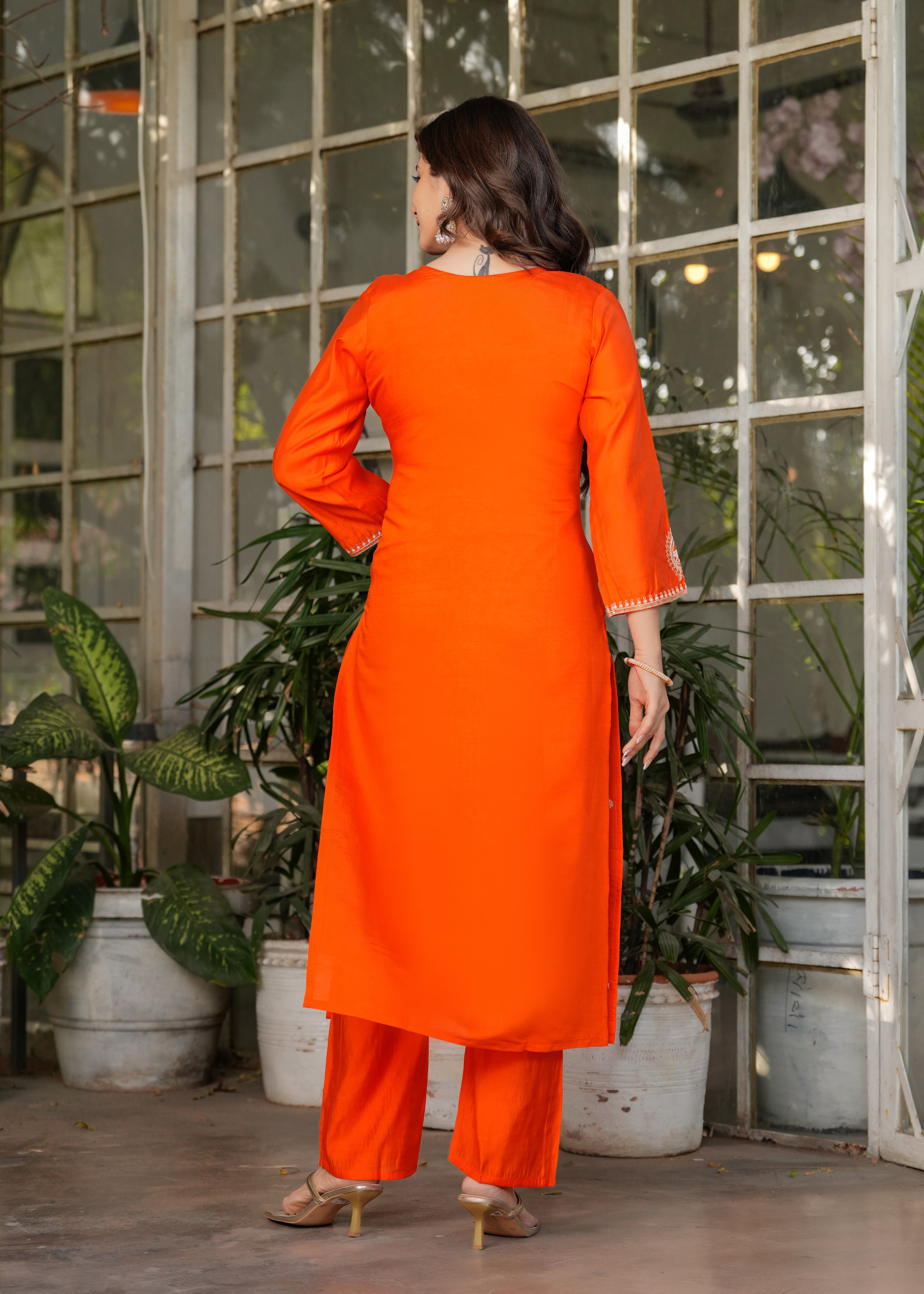 Women’s Orange Traditional Embroidered Kurta Set with Dupatta – 3-Piece Viscose Chanderi Ethnic Outfit