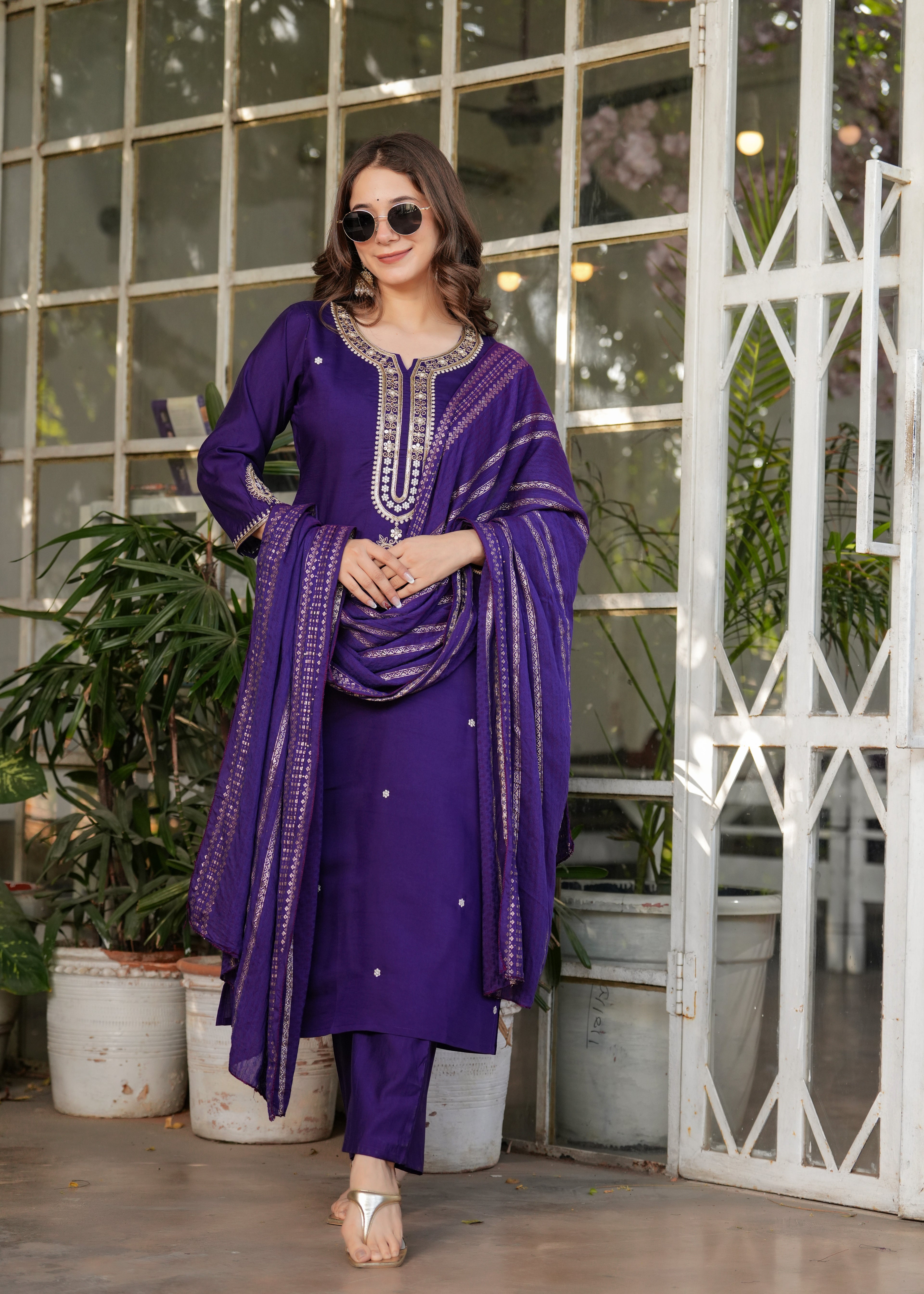 Women’s Purple Traditional Embroidered Kurta Set with Dupatta – 3-Piece Viscose Chanderi Ethnic Outfit