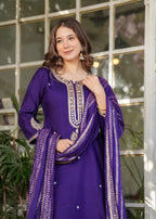 Women’s Purple Traditional Embroidered Kurta Set with Dupatta – 3-Piece Viscose Chanderi Ethnic Outfit