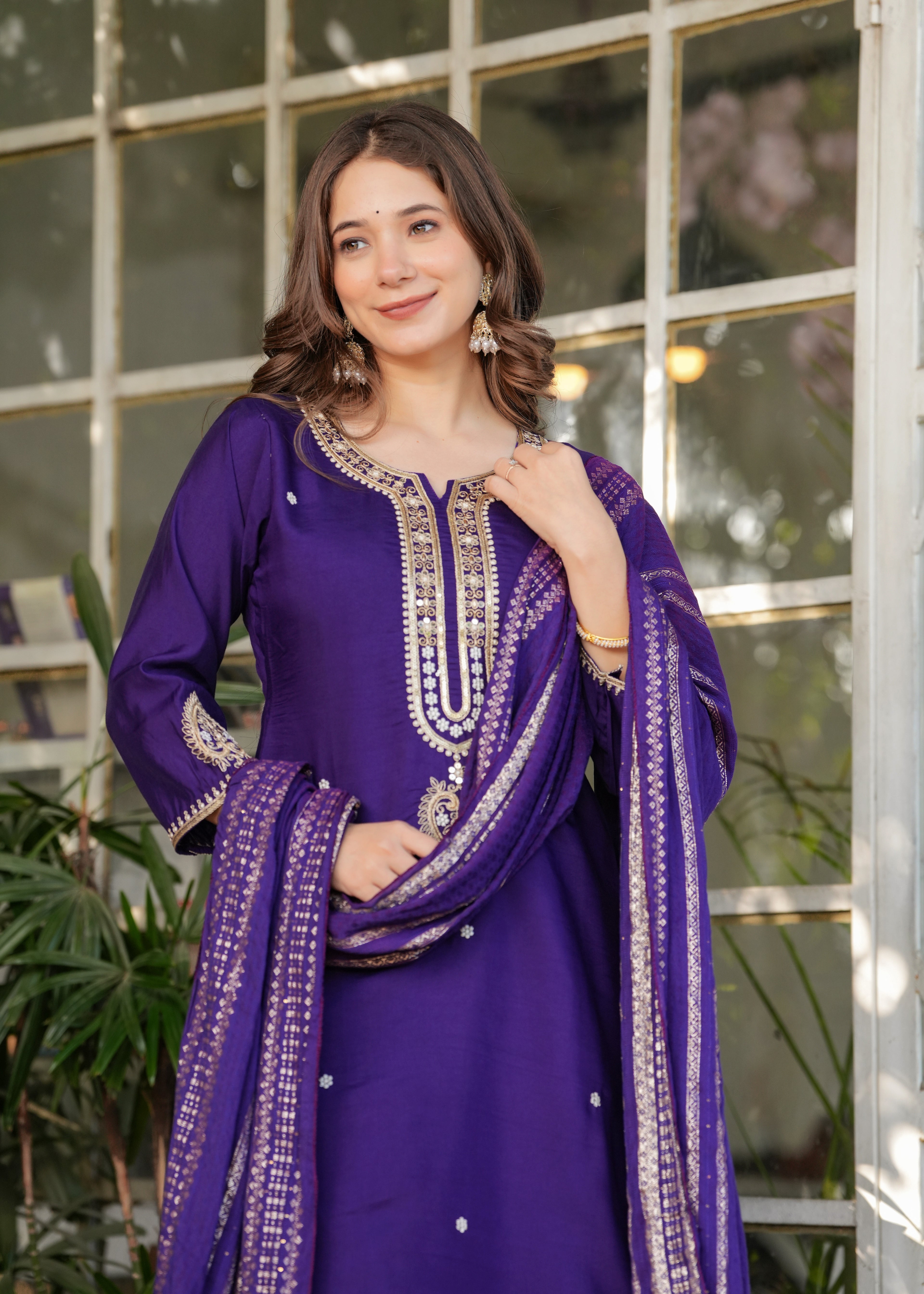Women’s Purple Traditional Embroidered Kurta Set with Dupatta – 3-Piece Viscose Chanderi Ethnic Outfit