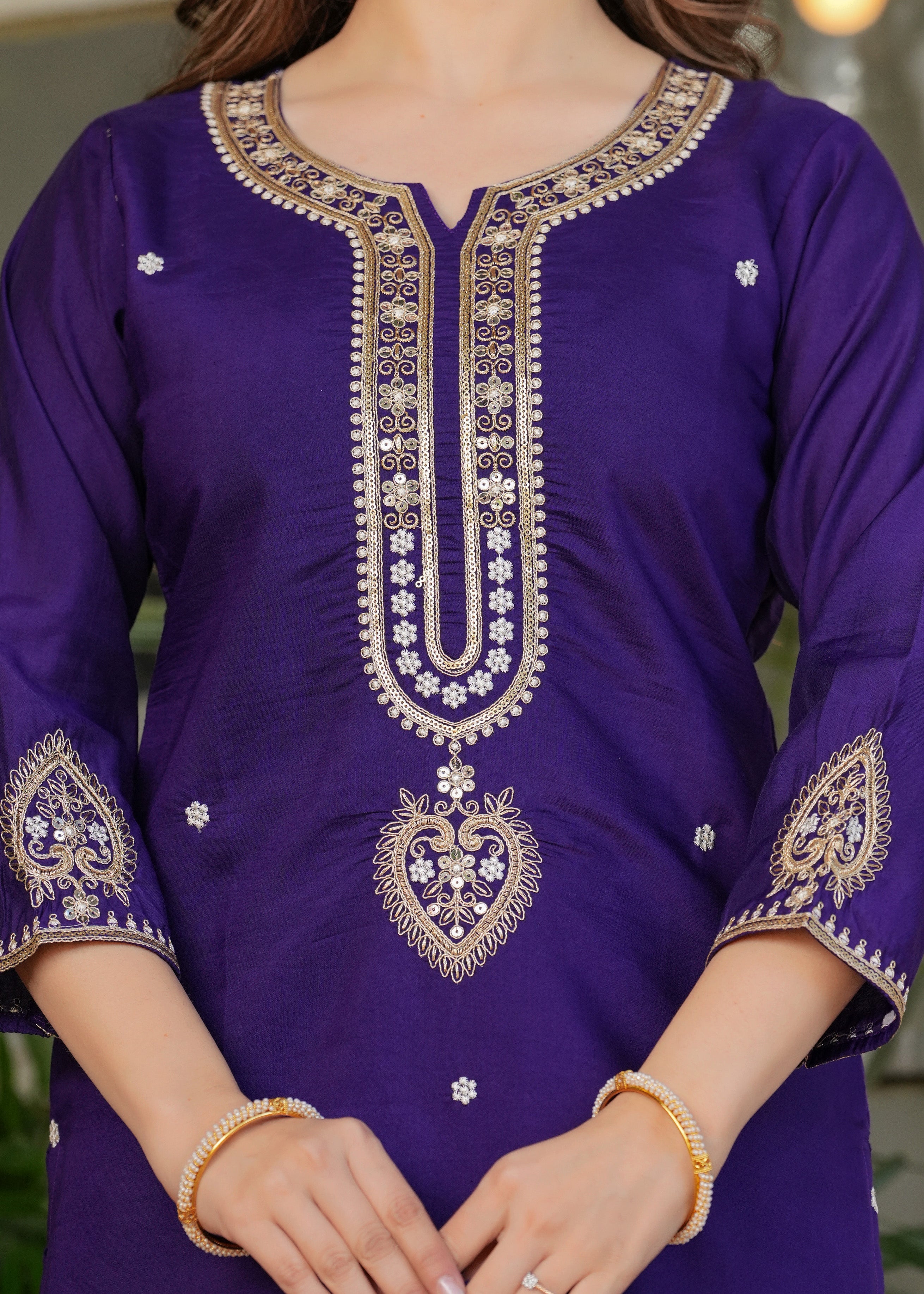 Women’s Purple Traditional Embroidered Kurta Set with Dupatta – 3-Piece Viscose Chanderi Ethnic Outfit