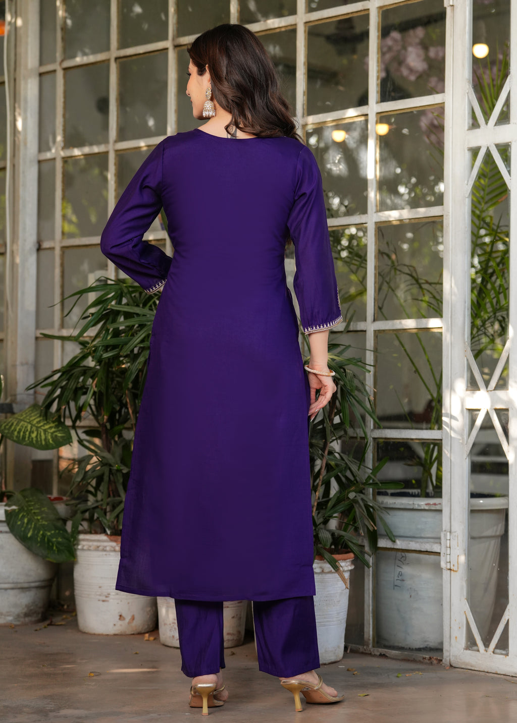 Women’s Purple Traditional Embroidered Kurta Set with Dupatta – 3-Piece Viscose Chanderi Ethnic Outfit
