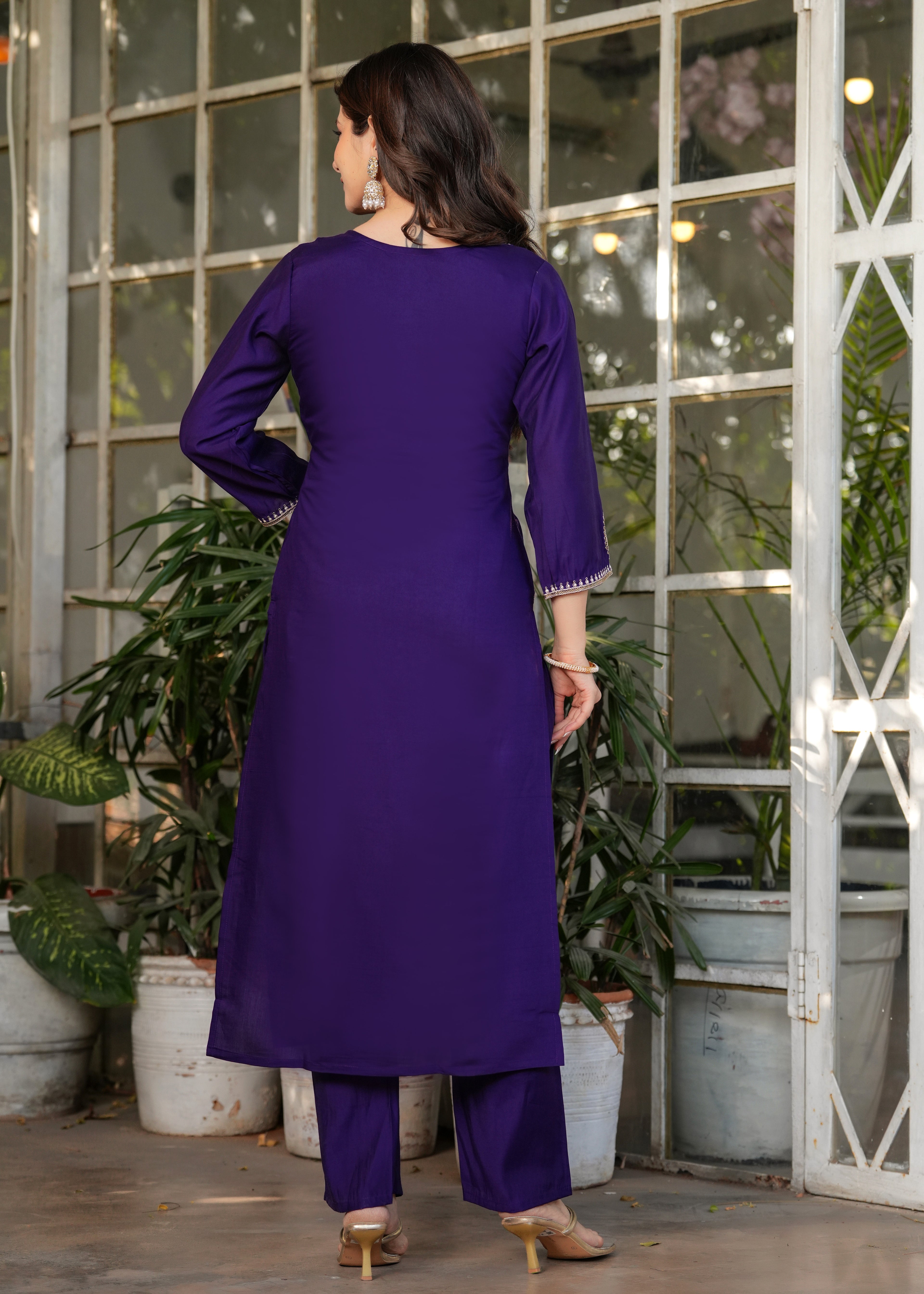 Women’s Purple Traditional Embroidered Kurta Set with Dupatta – 3-Piece Viscose Chanderi Ethnic Outfit