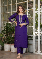 Women’s Purple Traditional Embroidered Kurta Set with Dupatta – 3-Piece Viscose Chanderi Ethnic Outfit