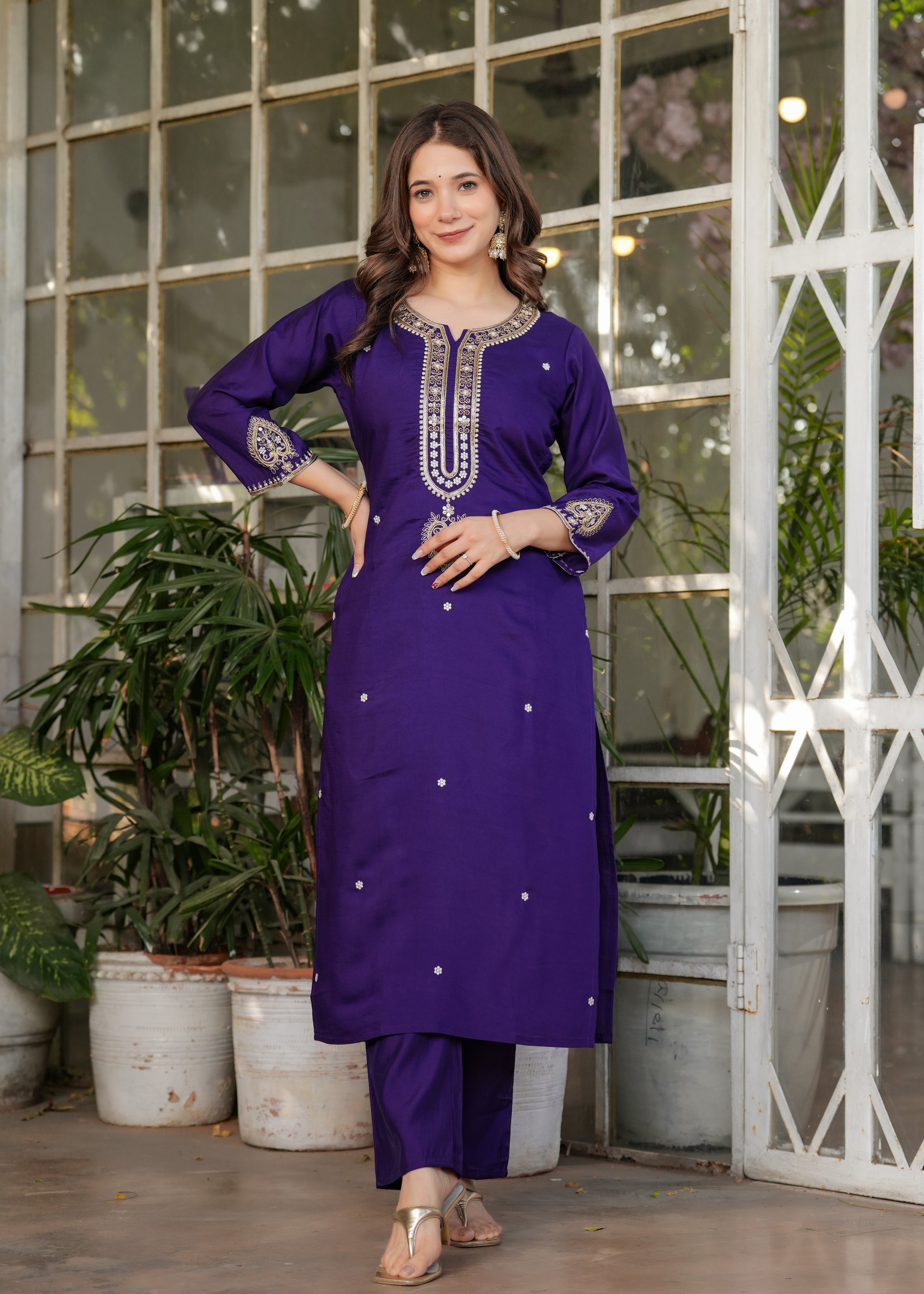 Women’s Purple Traditional Embroidered Kurta Set with Dupatta – 3-Piece Viscose Chanderi Ethnic Outfit