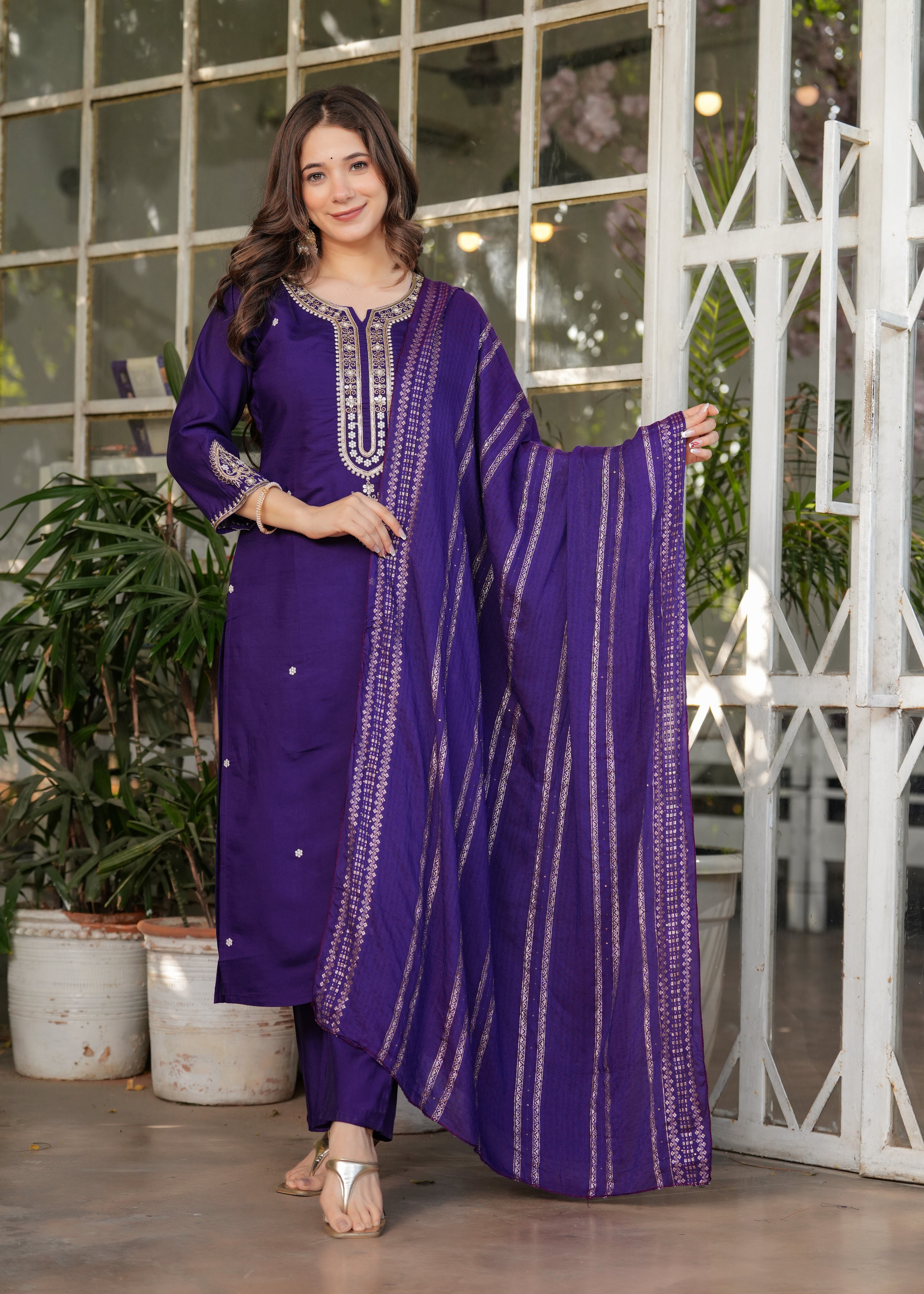 Women’s Purple Traditional Embroidered Kurta Set with Dupatta – 3-Piece Viscose Chanderi Ethnic Outfit