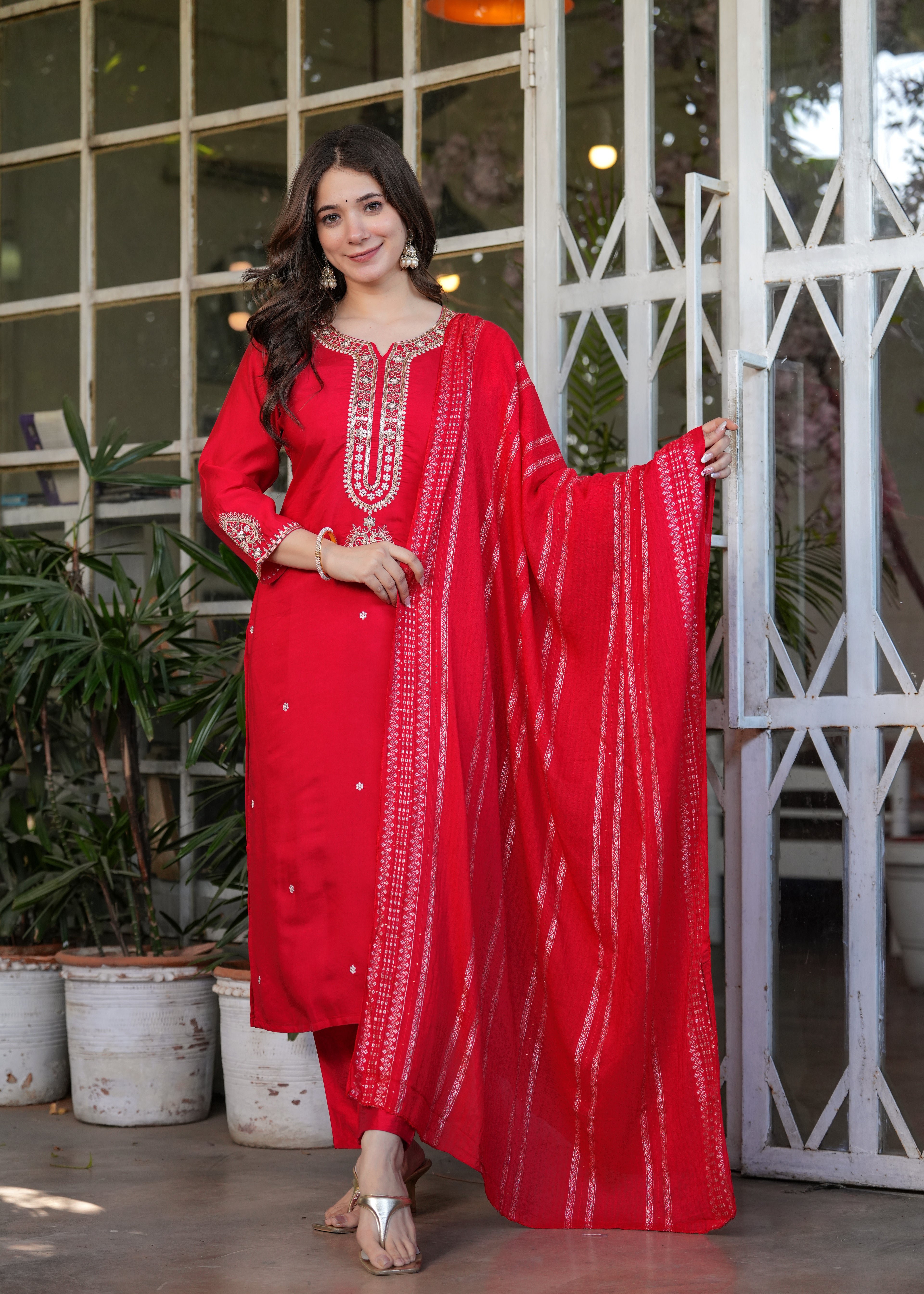 Women’s Red Traditional Embroidered Kurta Set with Dupatta – 3-Piece Viscose Chanderi Ethnic Outfit