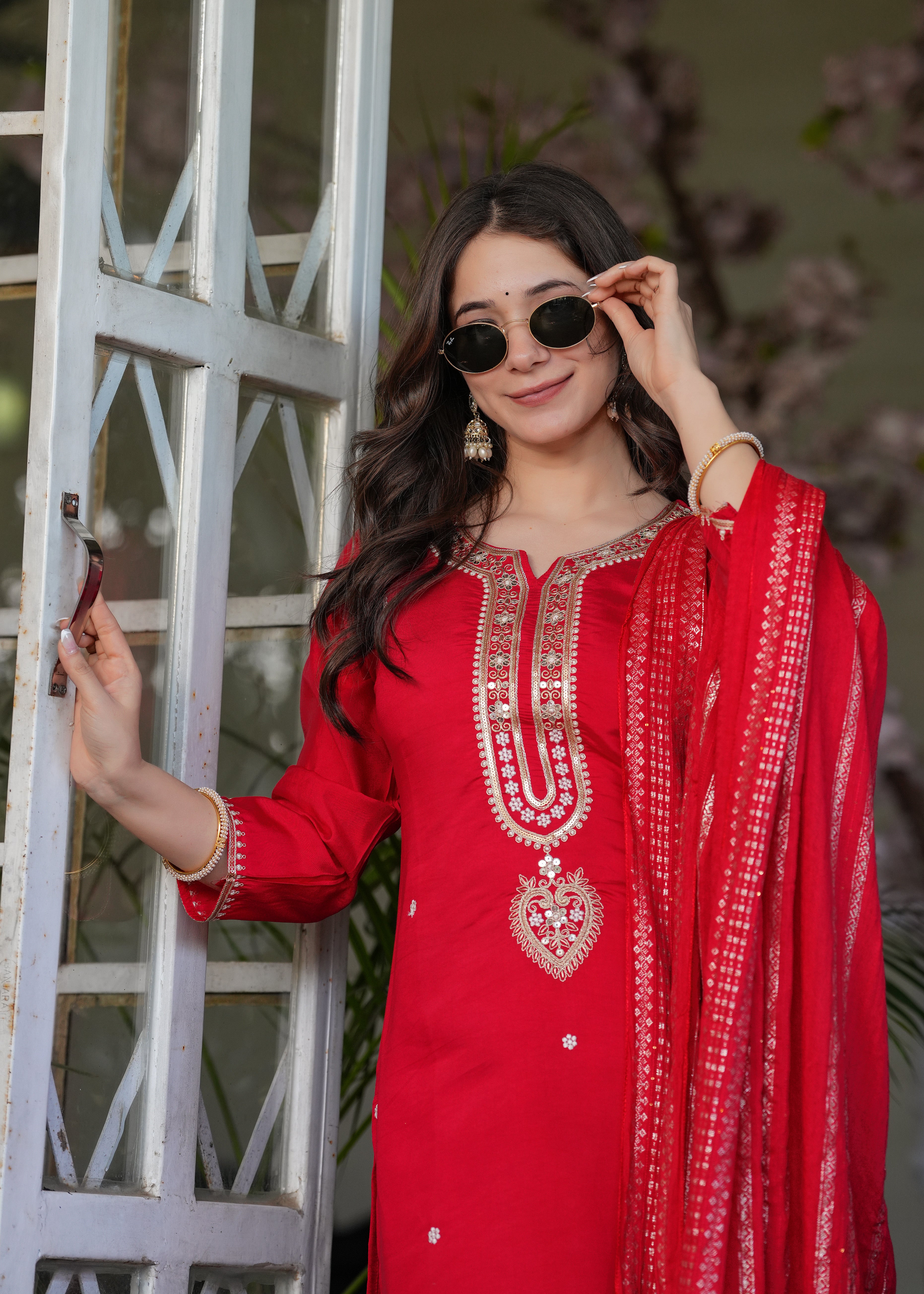 Women’s Red Traditional Embroidered Kurta Set with Dupatta – 3-Piece Viscose Chanderi Ethnic Outfit