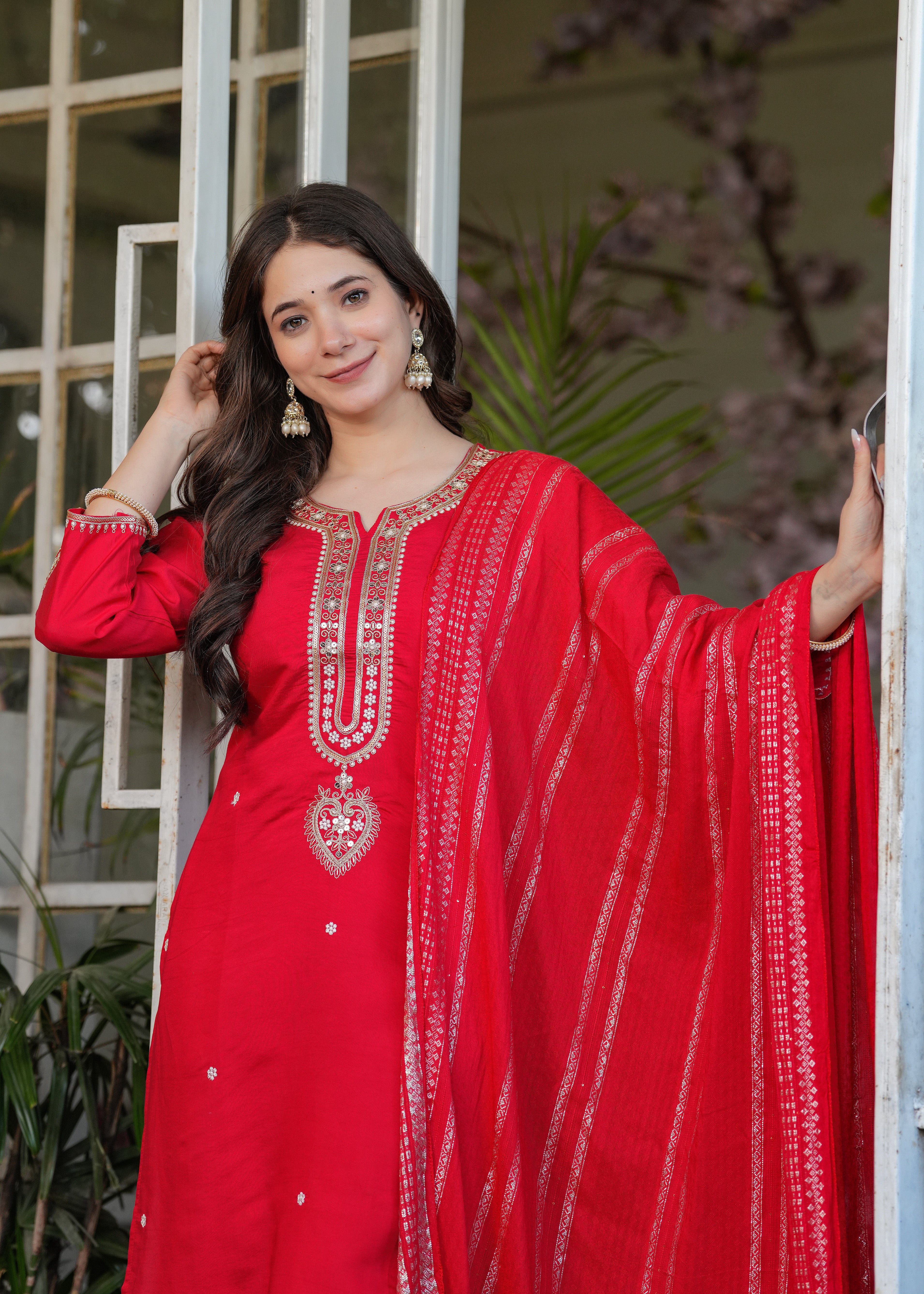 Women’s Red Traditional Embroidered Kurta Set with Dupatta – 3-Piece Viscose Chanderi Ethnic Outfit
