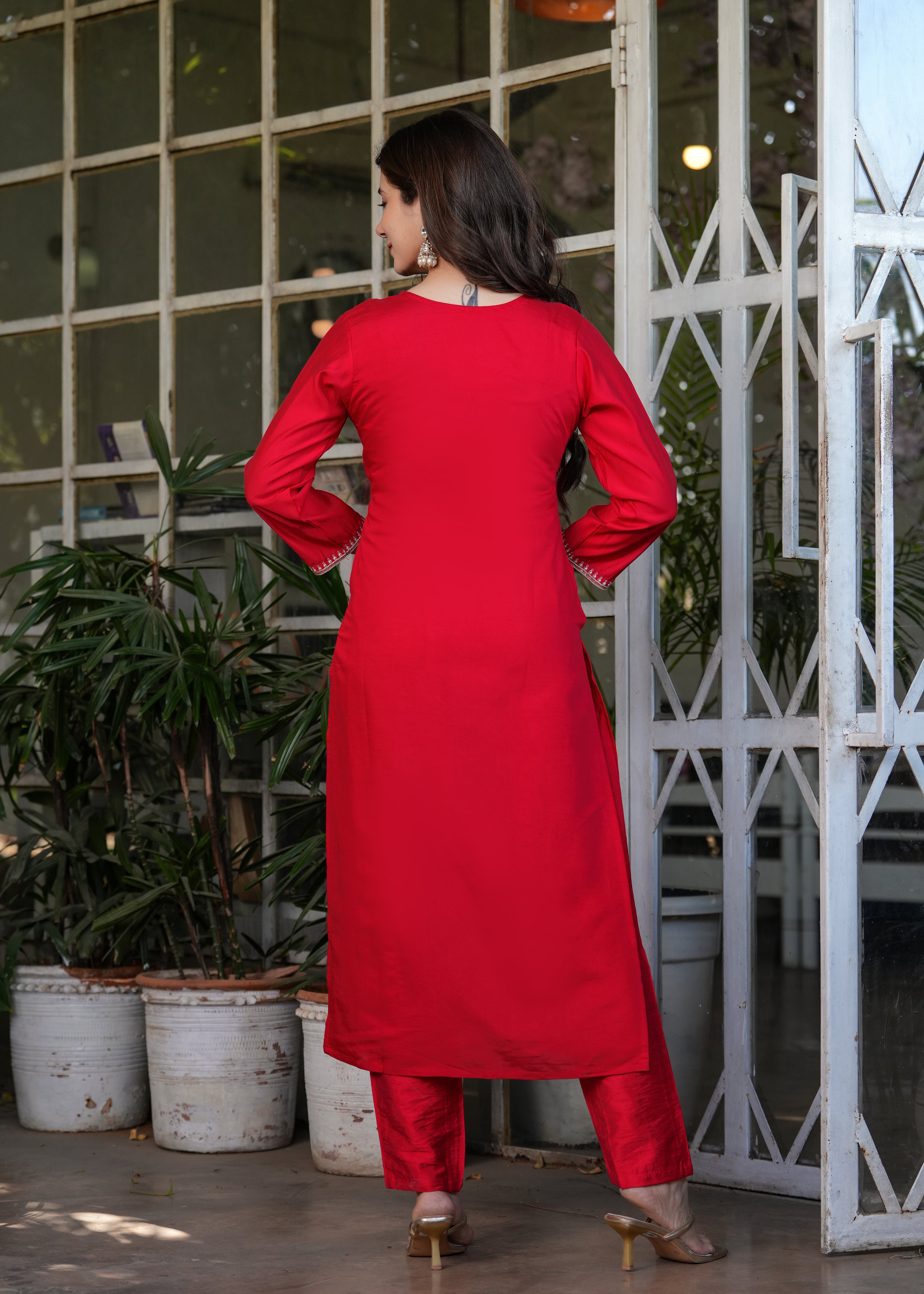 Women’s Red Traditional Embroidered Kurta Set with Dupatta – 3-Piece Viscose Chanderi Ethnic Outfit