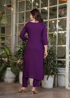 Women's Purple Embroidered Kurta Set with Dupatta, Floral Design, Long Sleeves,Fabric Viscose Reyon