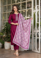 Women's Maroon Kurta Set with Printed Dupatta, Traditional Ethnic Wear Reyon Kurta Set,