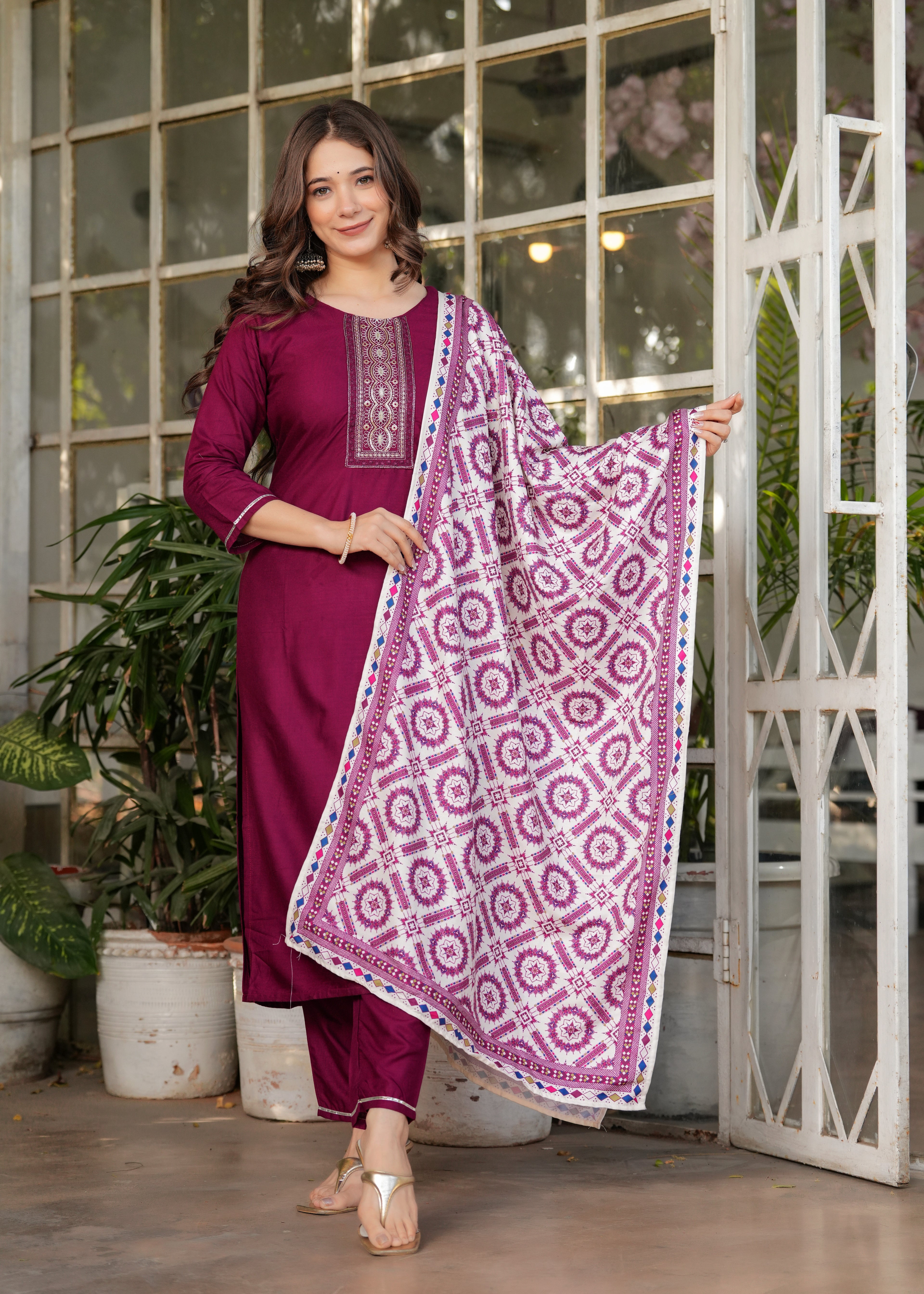 Women's Maroon Kurta Set with Printed Dupatta, Traditional Ethnic Wear Reyon Kurta Set,