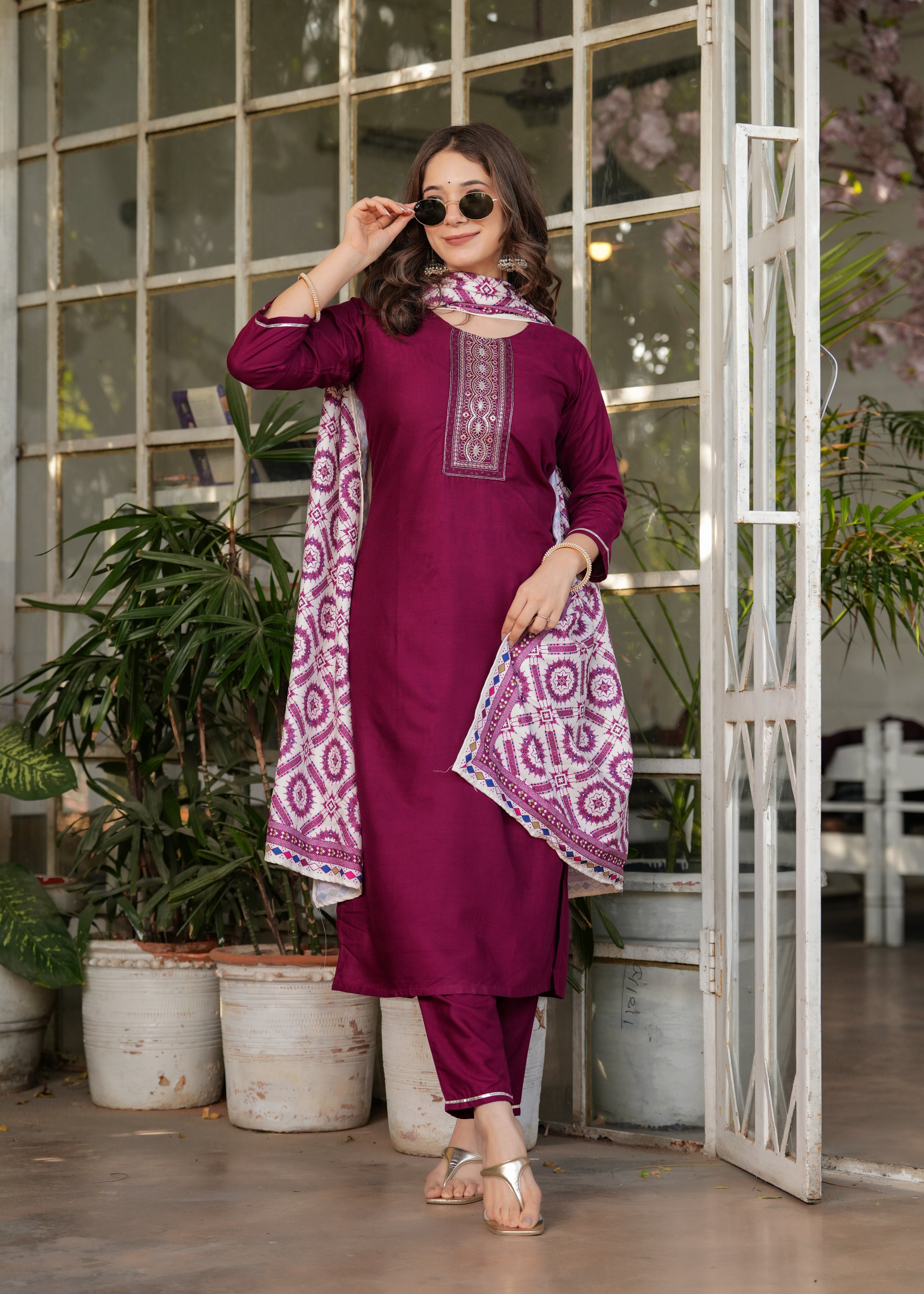 Women's Maroon Kurta Set with Printed Dupatta, Traditional Ethnic Wear Reyon Kurta Set,