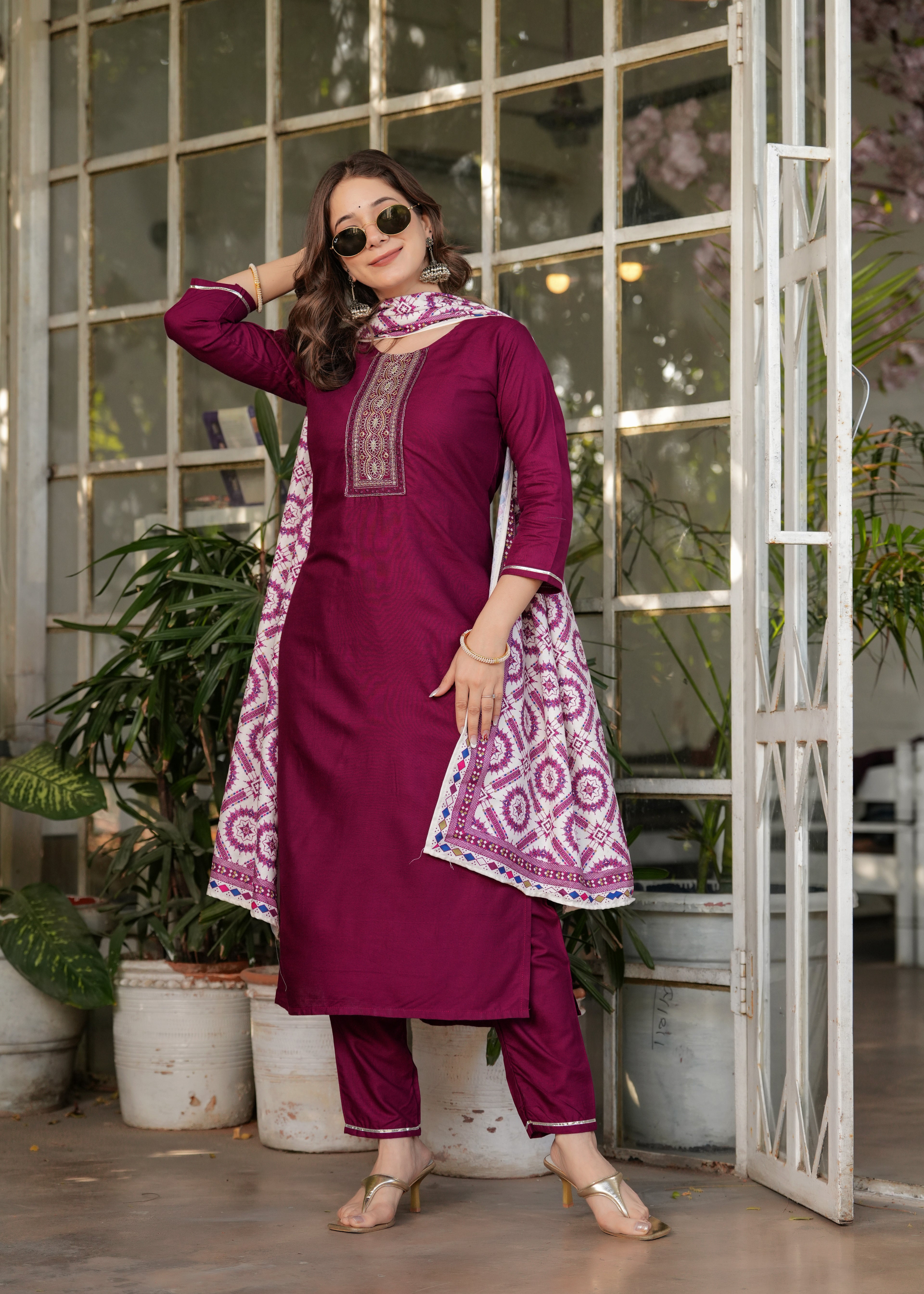 Women's Maroon Kurta Set with Printed Dupatta, Traditional Ethnic Wear Reyon Kurta Set,
