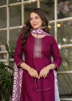 Women's Maroon Kurta Set with Printed Dupatta, Traditional Ethnic Wear Reyon Kurta Set,