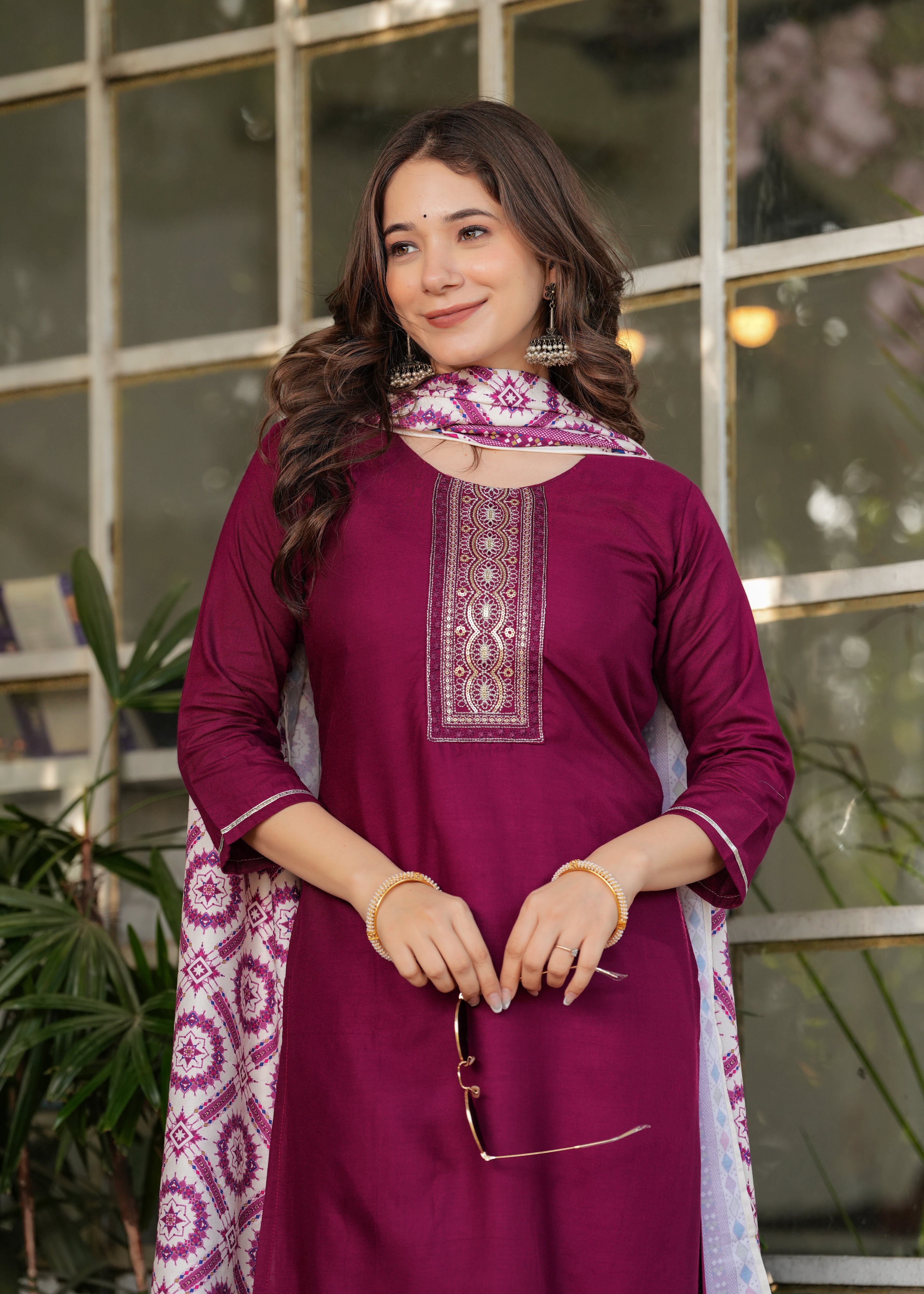 Women's Maroon Kurta Set with Printed Dupatta, Traditional Ethnic Wear Reyon Kurta Set,