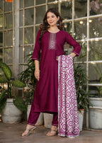 Women's Maroon Kurta Set with Printed Dupatta, Traditional Ethnic Wear Reyon Kurta Set,