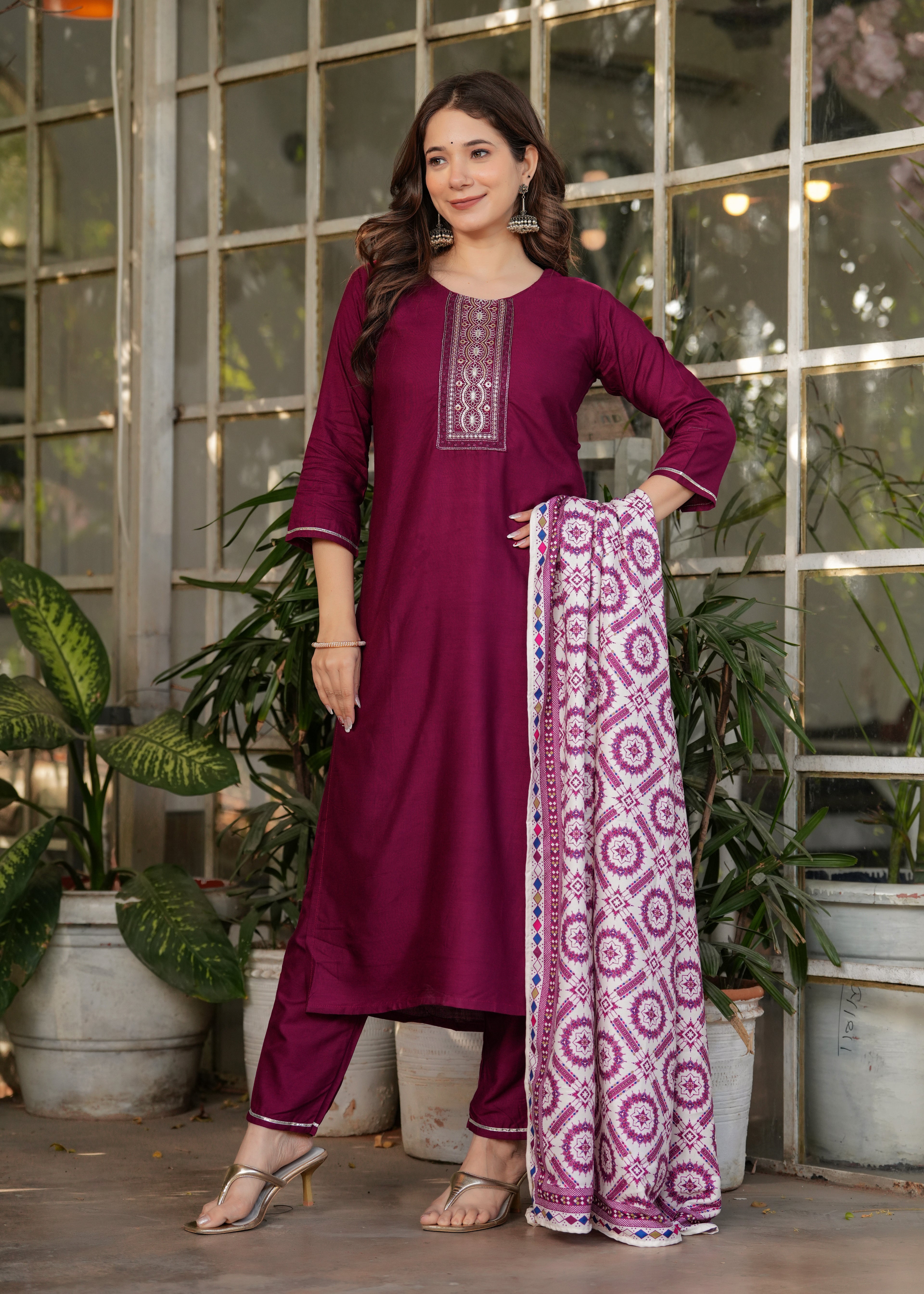 Women's Maroon Kurta Set with Printed Dupatta, Traditional Ethnic Wear Reyon Kurta Set,