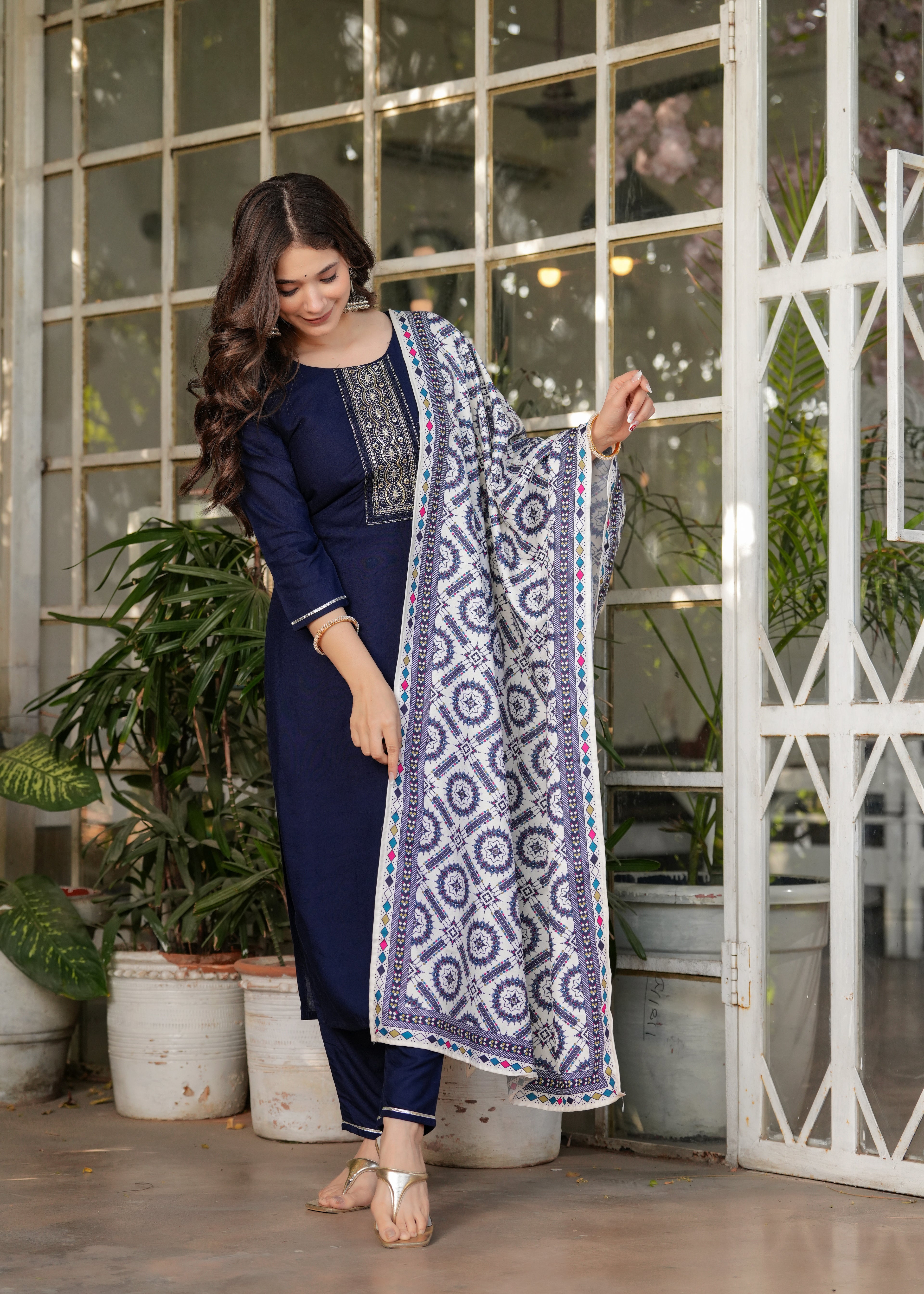 Women's Blue Kurta Set with Printed Dupatta, Traditional Ethnic Wear Reyon Kurta Set,