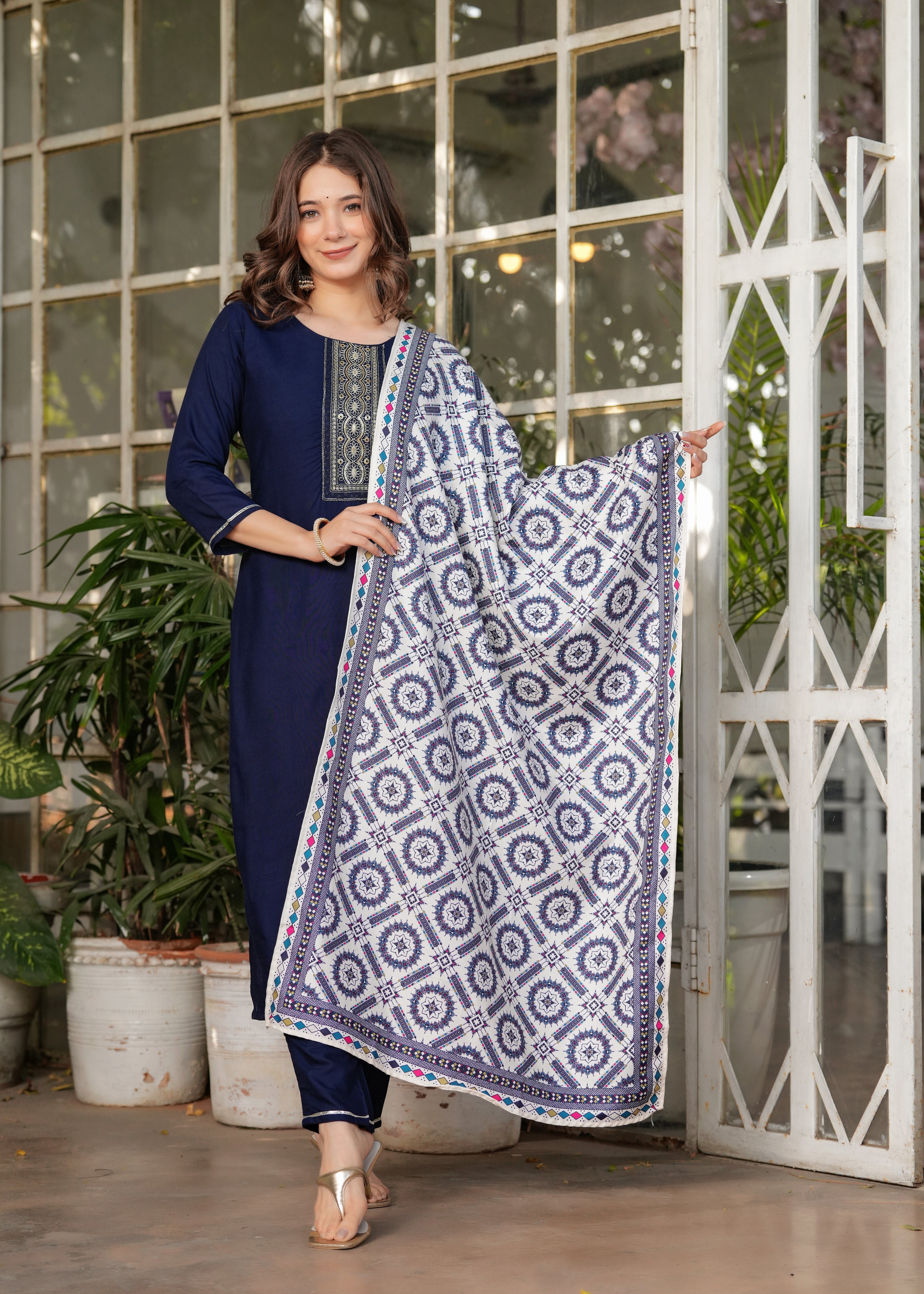 Women's Blue Kurta Set with Printed Dupatta, Traditional Ethnic Wear Reyon Kurta Set,