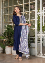 Women's Blue Kurta Set with Printed Dupatta, Traditional Ethnic Wear Reyon Kurta Set,