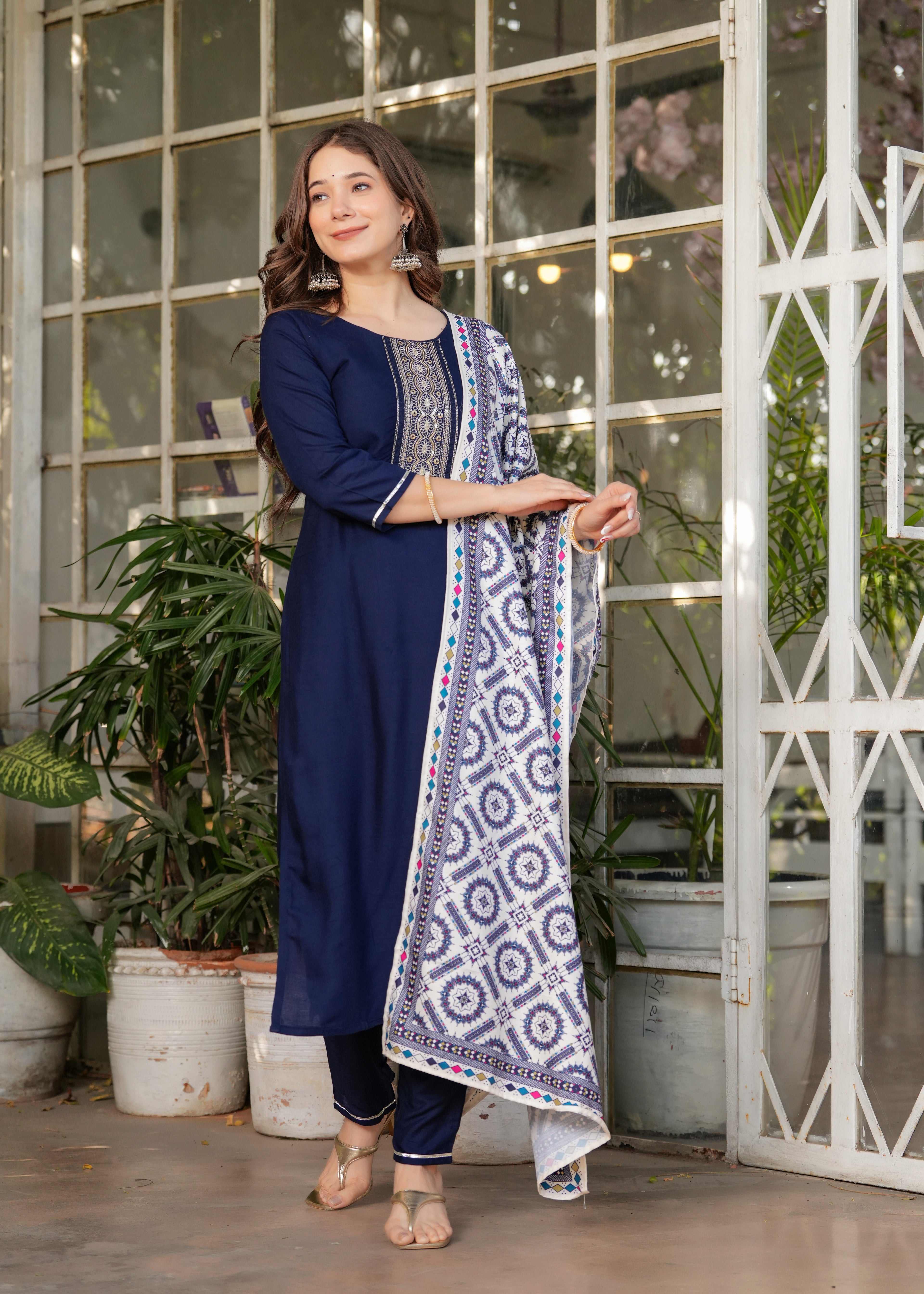 Women's Blue Kurta Set with Printed Dupatta, Traditional Ethnic Wear Reyon Kurta Set,