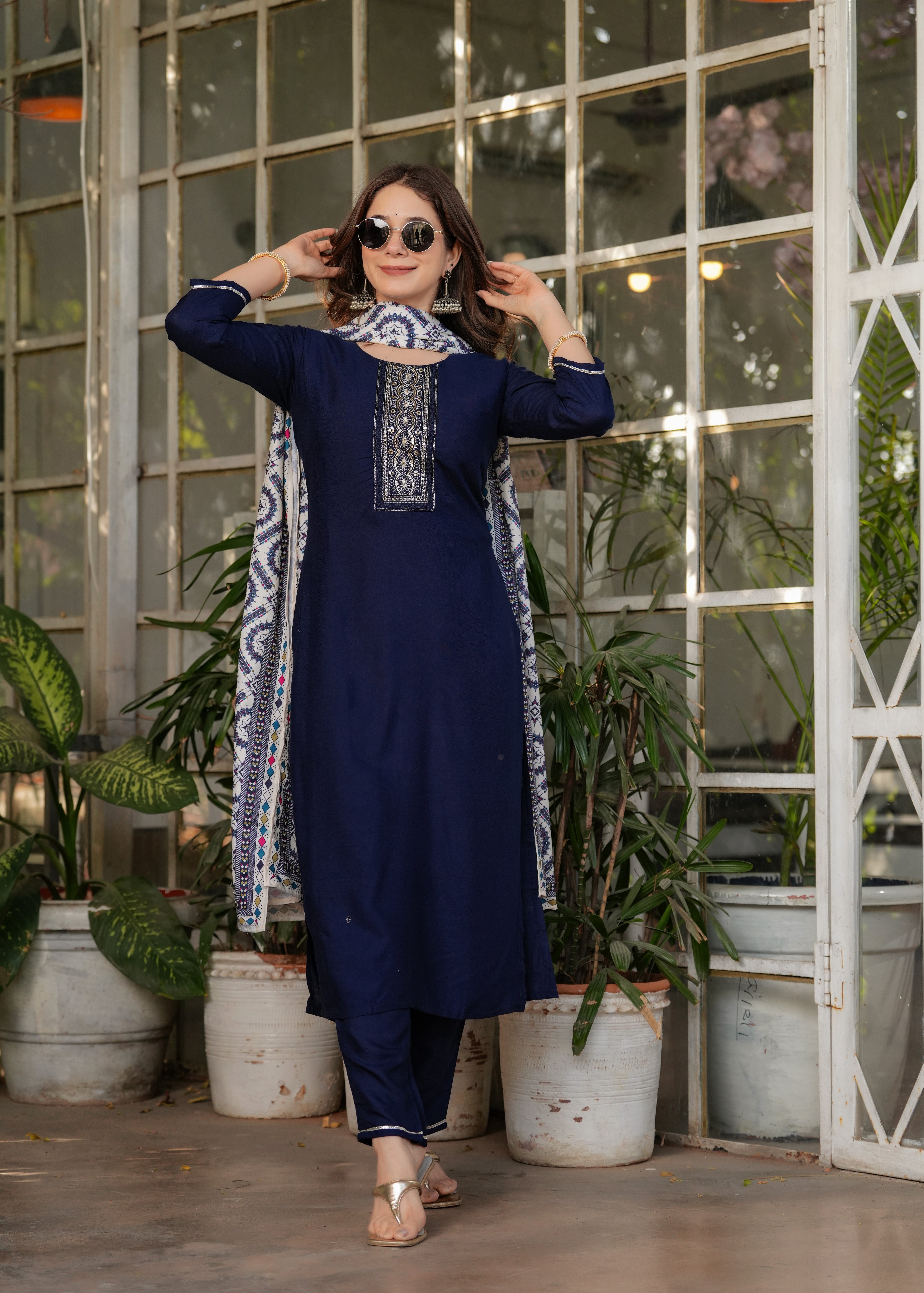 Women's Blue Kurta Set with Printed Dupatta, Traditional Ethnic Wear Reyon Kurta Set,