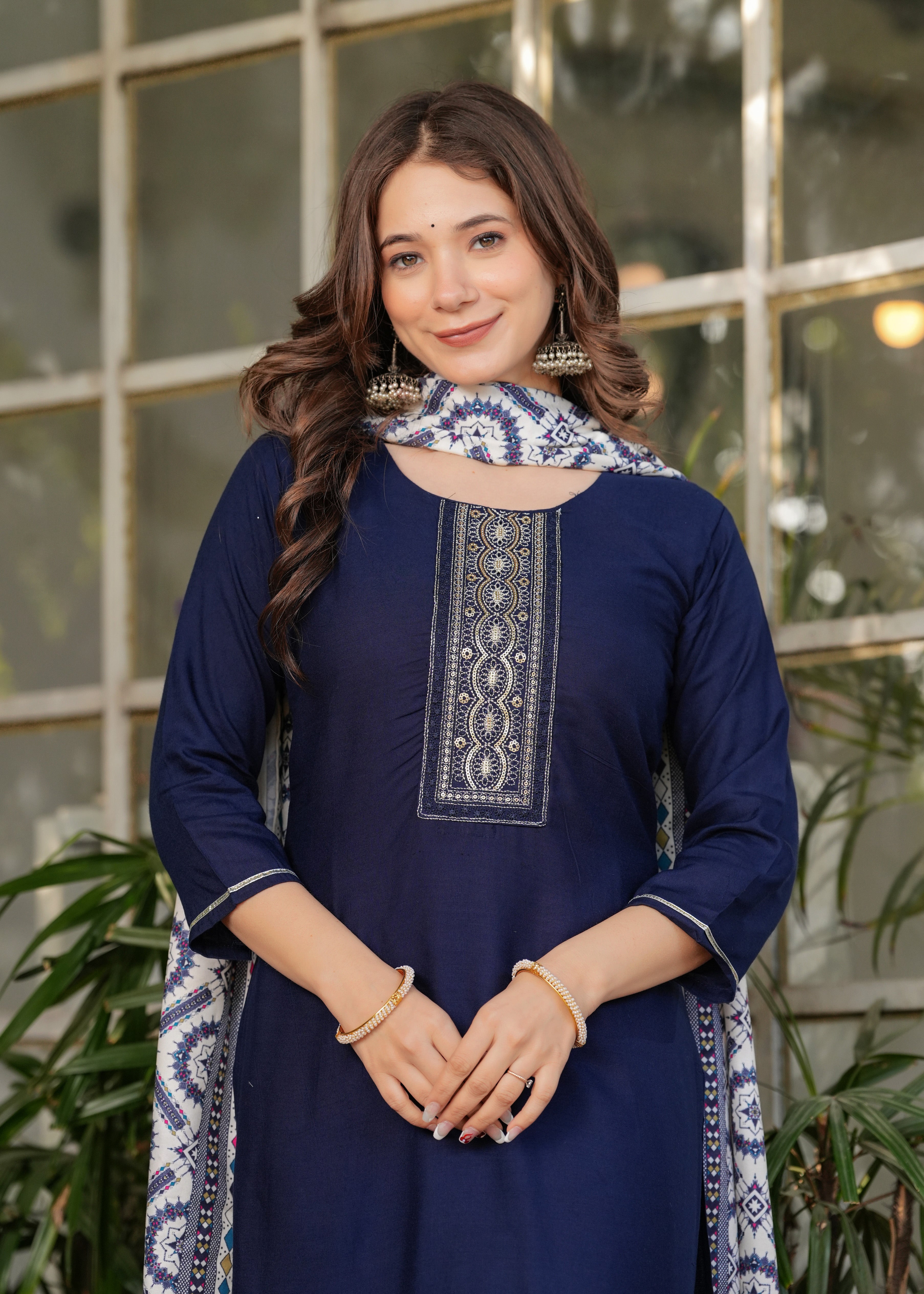 Women's Blue Kurta Set with Printed Dupatta, Traditional Ethnic Wear Reyon Kurta Set,