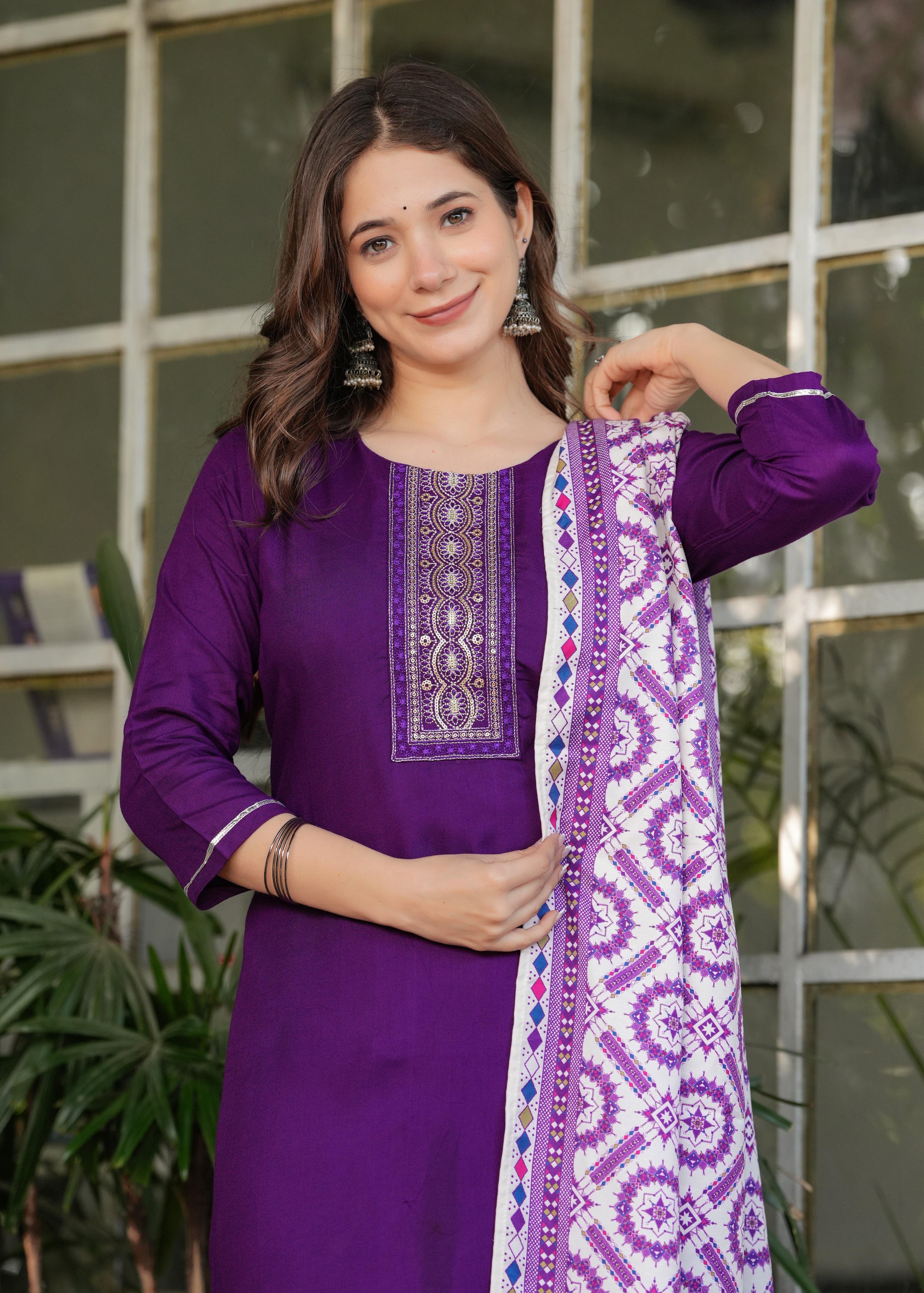 Women's Purple Kurta Set with Printed Dupatta, Traditional Ethnic Wear Reyon Kurta Set,