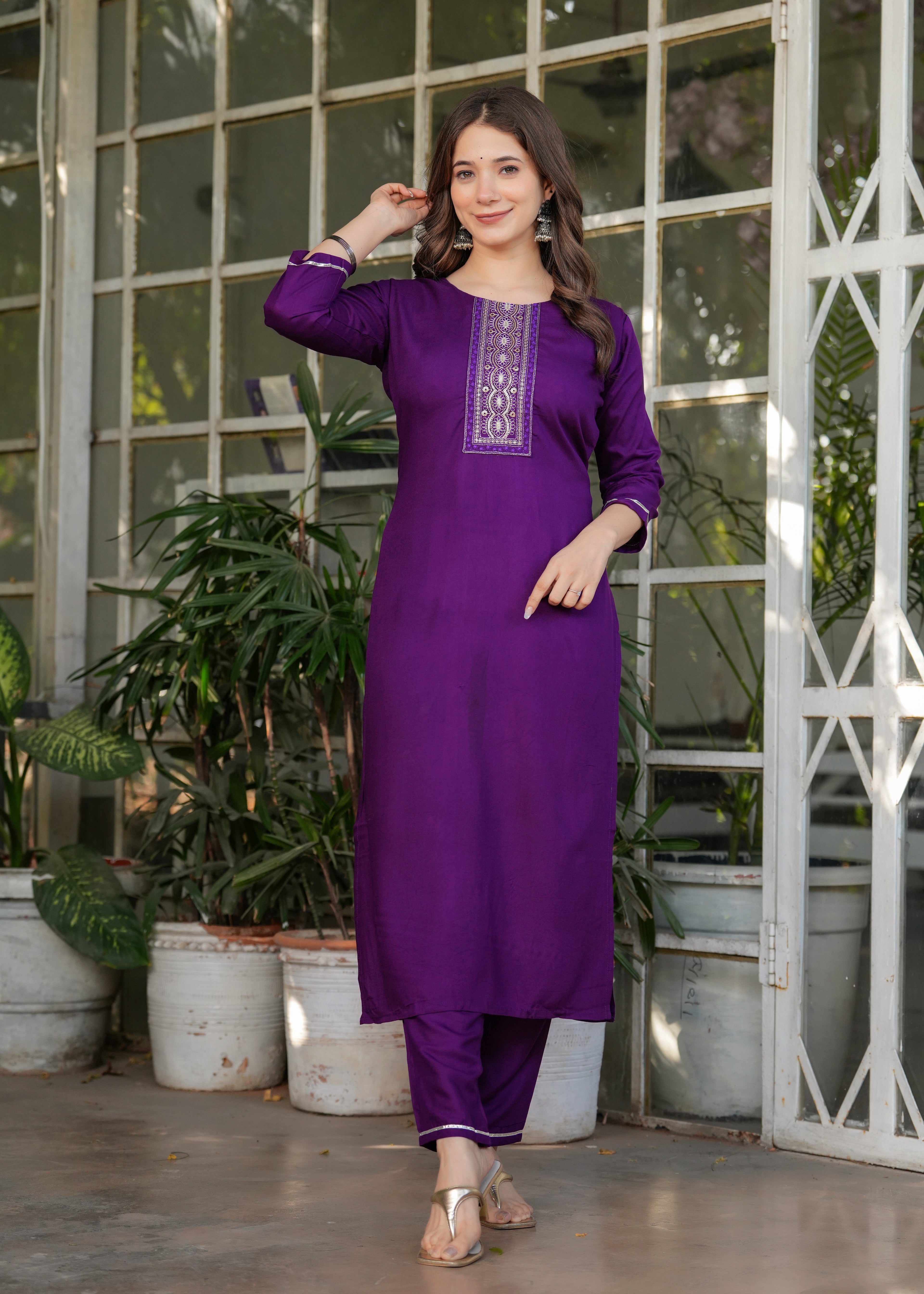 Women's Purple Kurta Set with Printed Dupatta, Traditional Ethnic Wear Reyon Kurta Set,