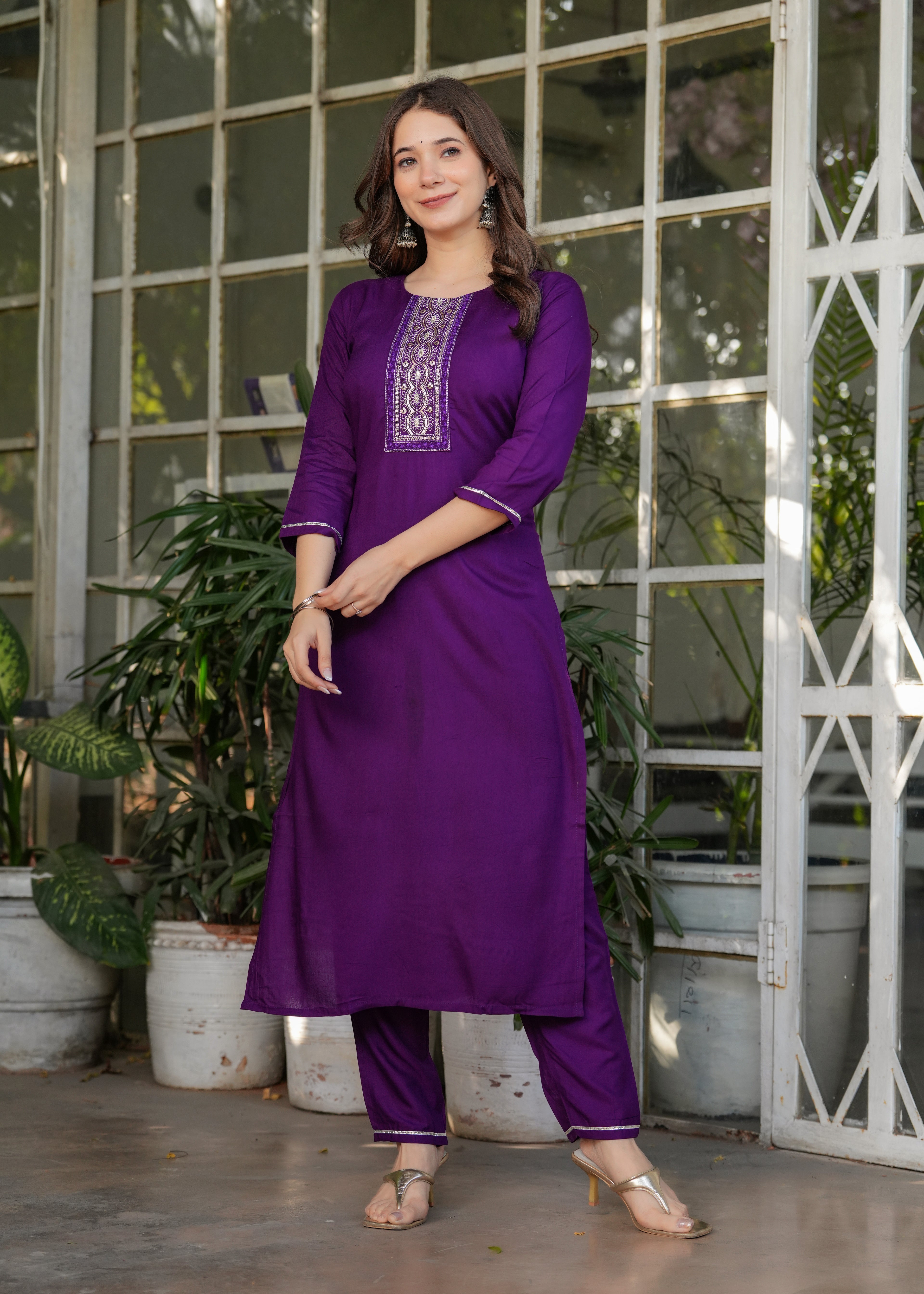 Women's Purple Kurta Set with Printed Dupatta, Traditional Ethnic Wear Reyon Kurta Set,