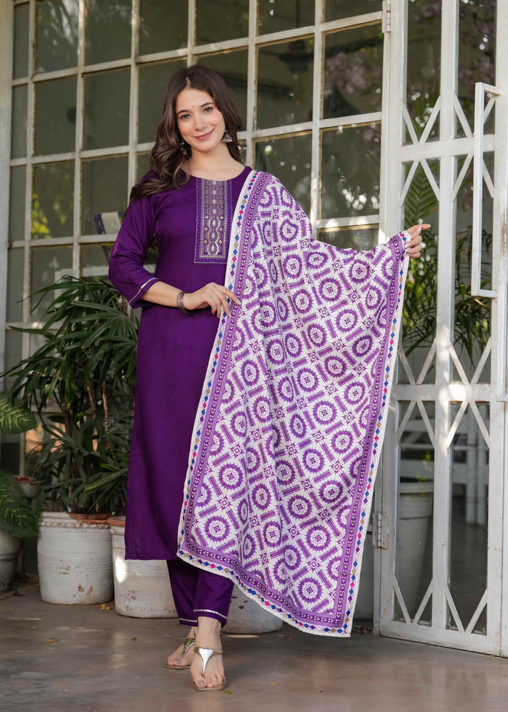 Women's Purple Kurta Set with Printed Dupatta, Traditional Ethnic Wear Reyon Kurta Set,
