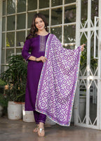 Women's Purple Kurta Set with Printed Dupatta, Traditional Ethnic Wear Reyon Kurta Set,