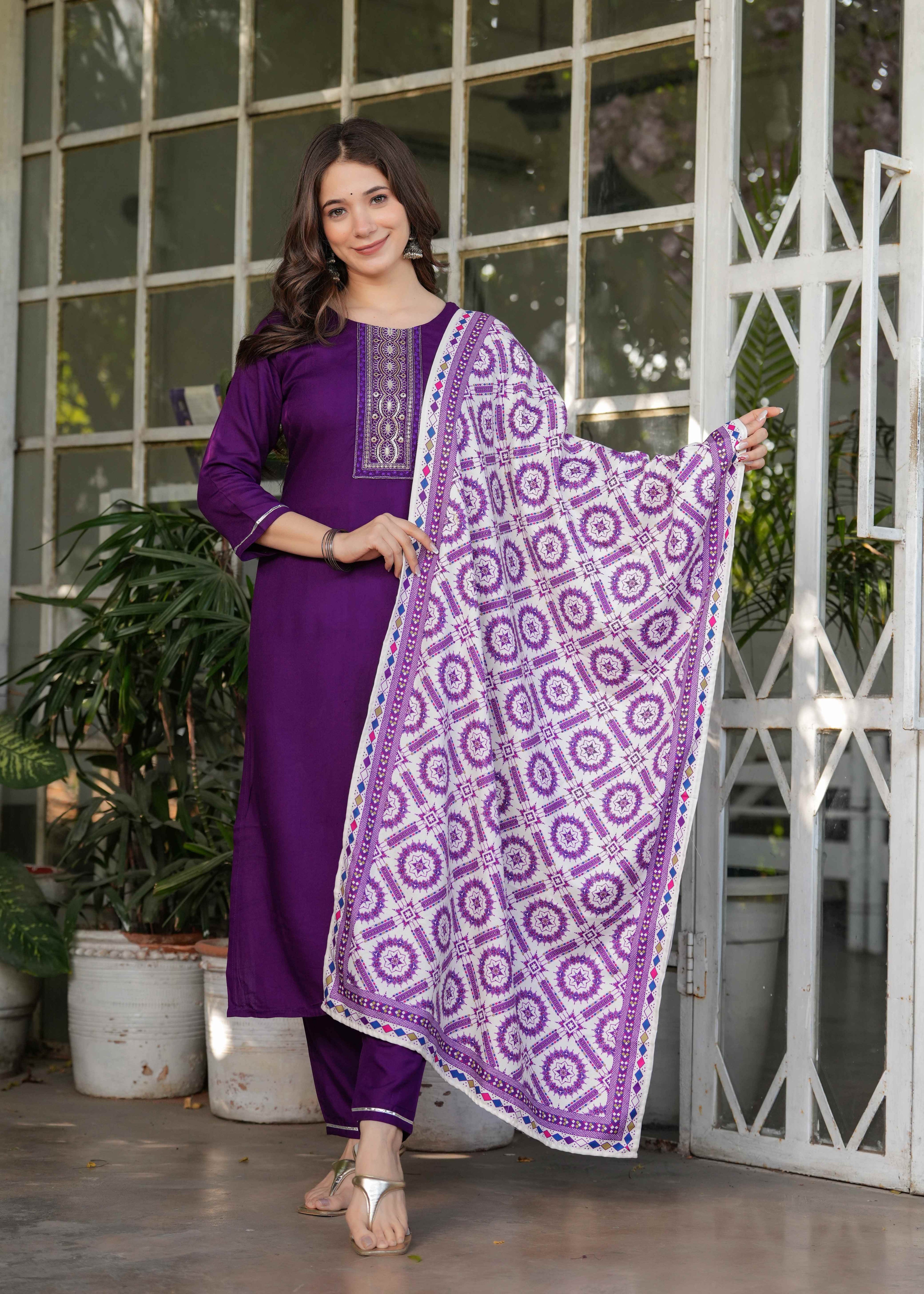 Women's Purple Kurta Set with Printed Dupatta, Traditional Ethnic Wear Reyon Kurta Set,