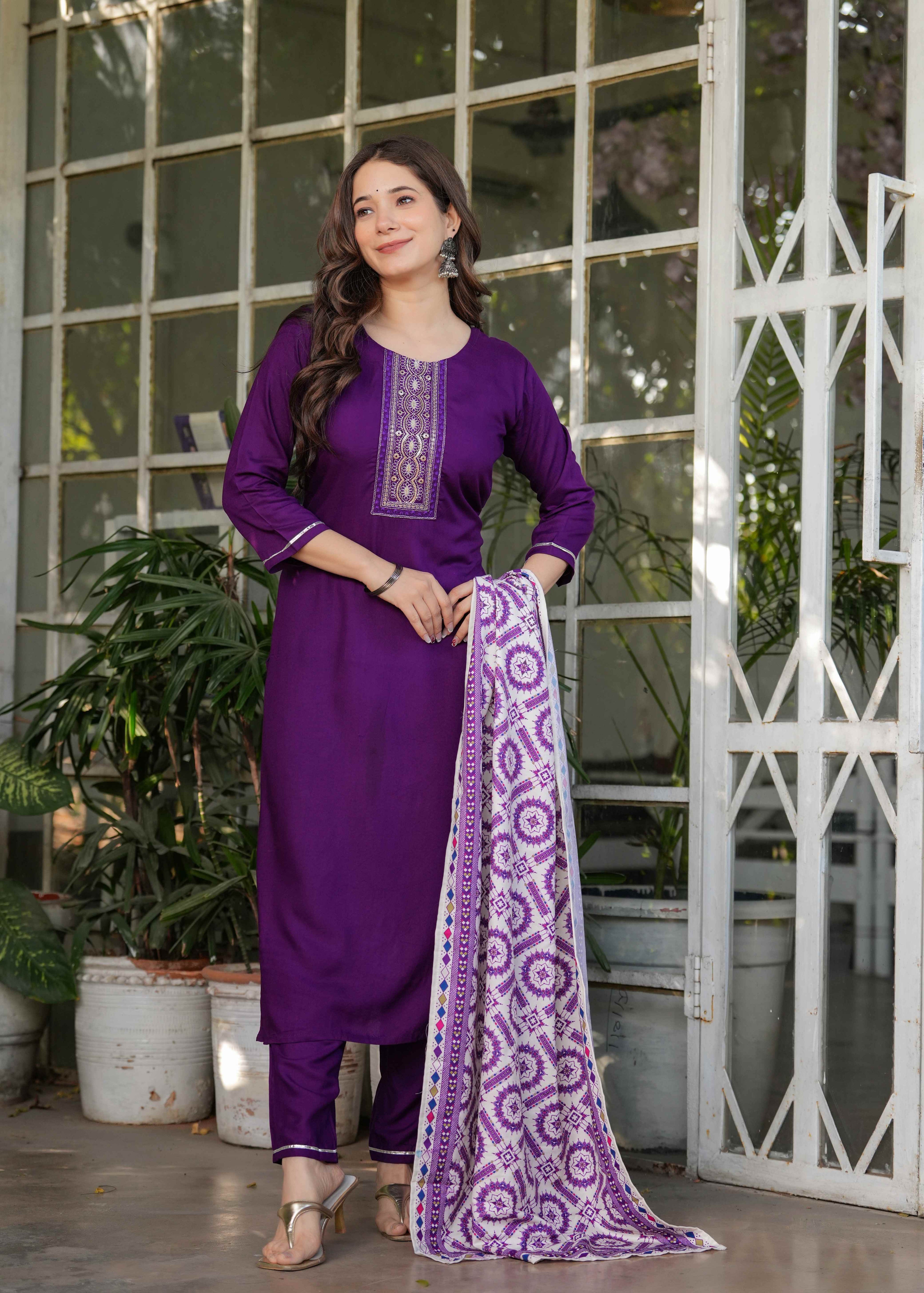 Women's Purple Kurta Set with Printed Dupatta, Traditional Ethnic Wear Reyon Kurta Set,