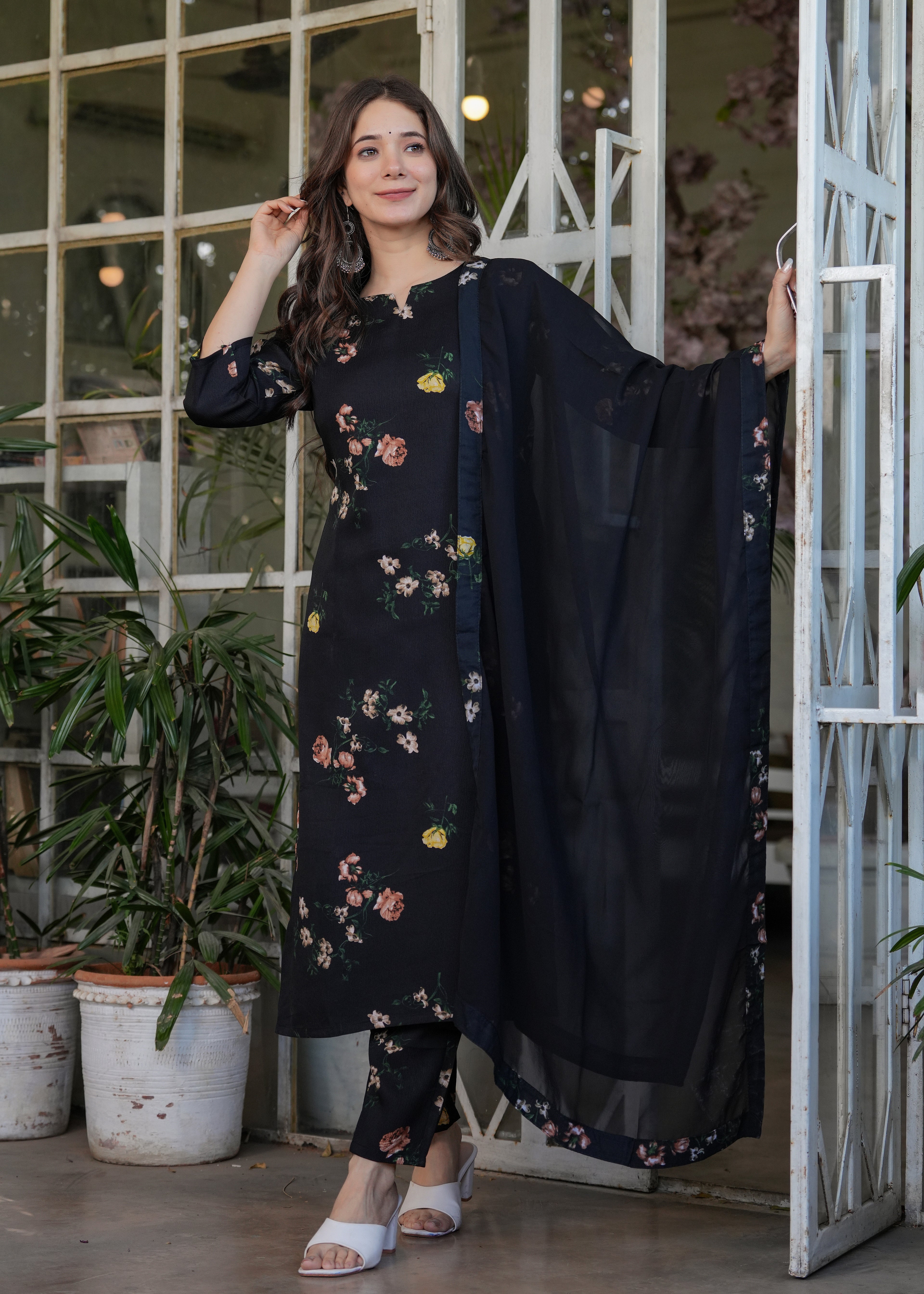 Women's Navy Blue Floral Embroidered Kurta Set with Dupatta, 3/4 Sleeve, Silk Fabric