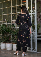 Women's Navy Blue Floral Embroidered Kurta Set with Dupatta, 3/4 Sleeve, Silk Fabric