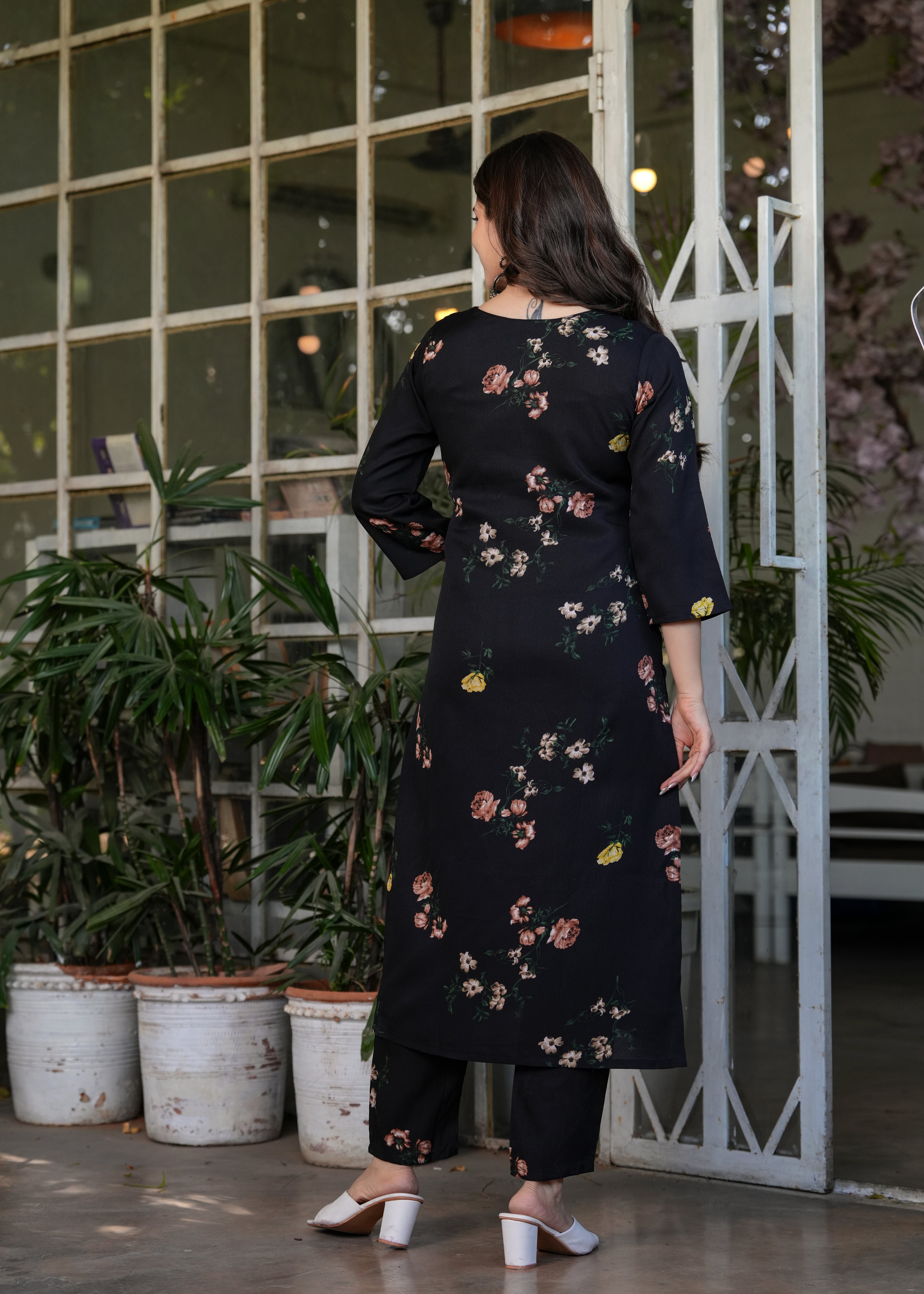 Women's Navy Blue Floral Embroidered Kurta Set with Dupatta, 3/4 Sleeve, Silk Fabric