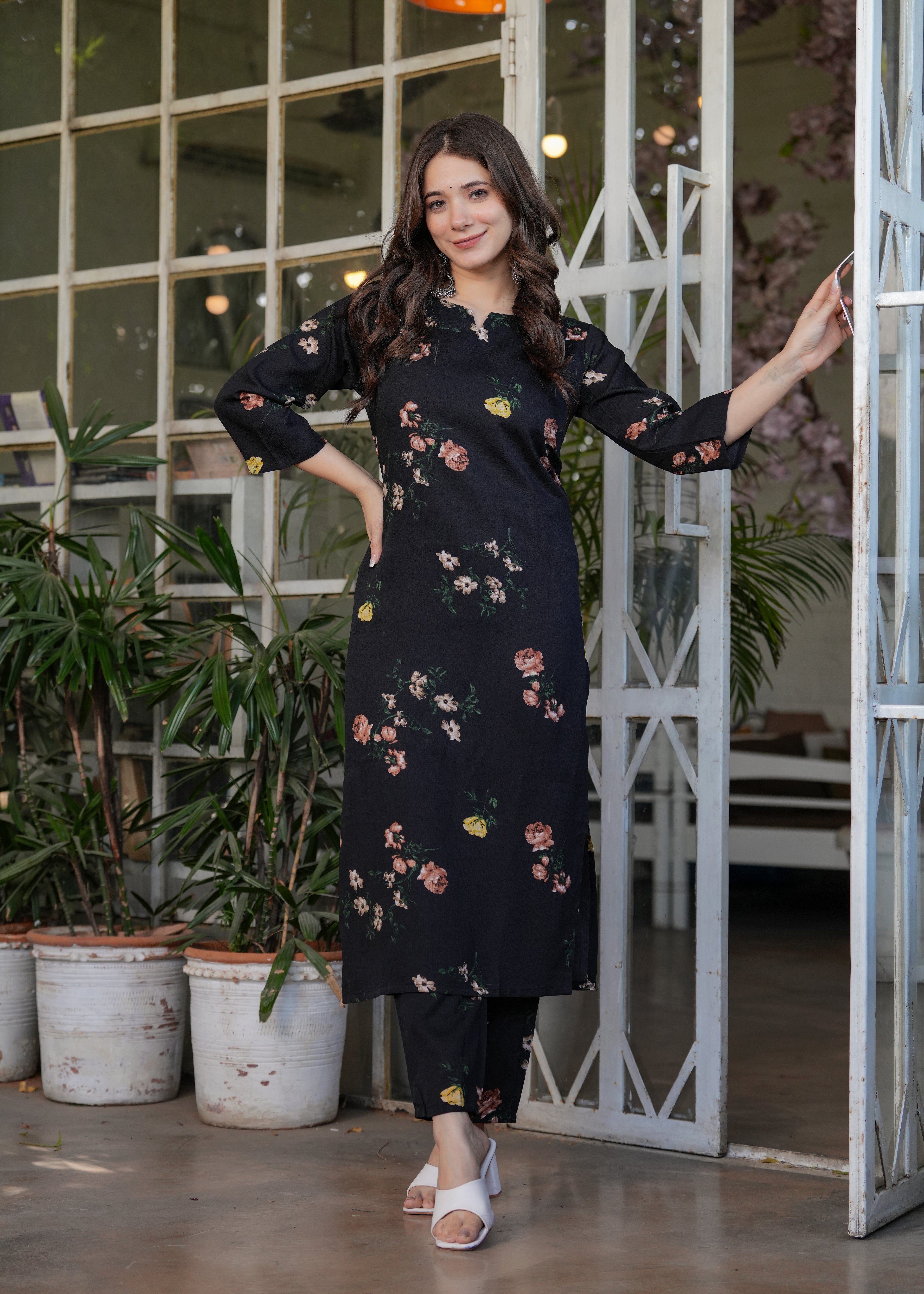 Women's Navy Blue Floral Embroidered Kurta Set with Dupatta, 3/4 Sleeve, Silk Fabric