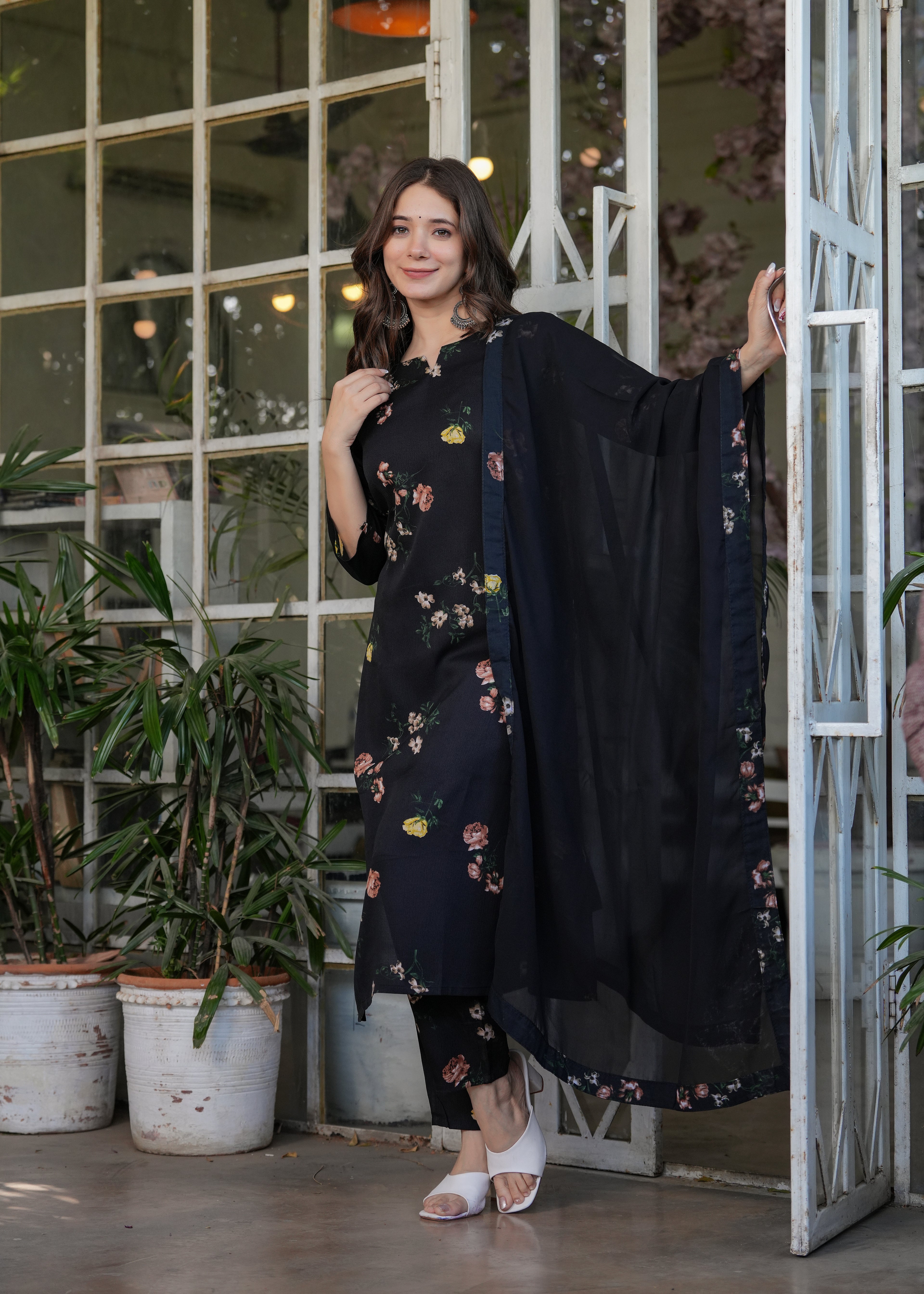 Women's Navy Blue Floral Embroidered Kurta Set with Dupatta, 3/4 Sleeve, Silk Fabric