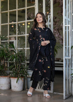 Women's Navy Blue Floral Embroidered Kurta Set with Dupatta, 3/4 Sleeve, Silk Fabric