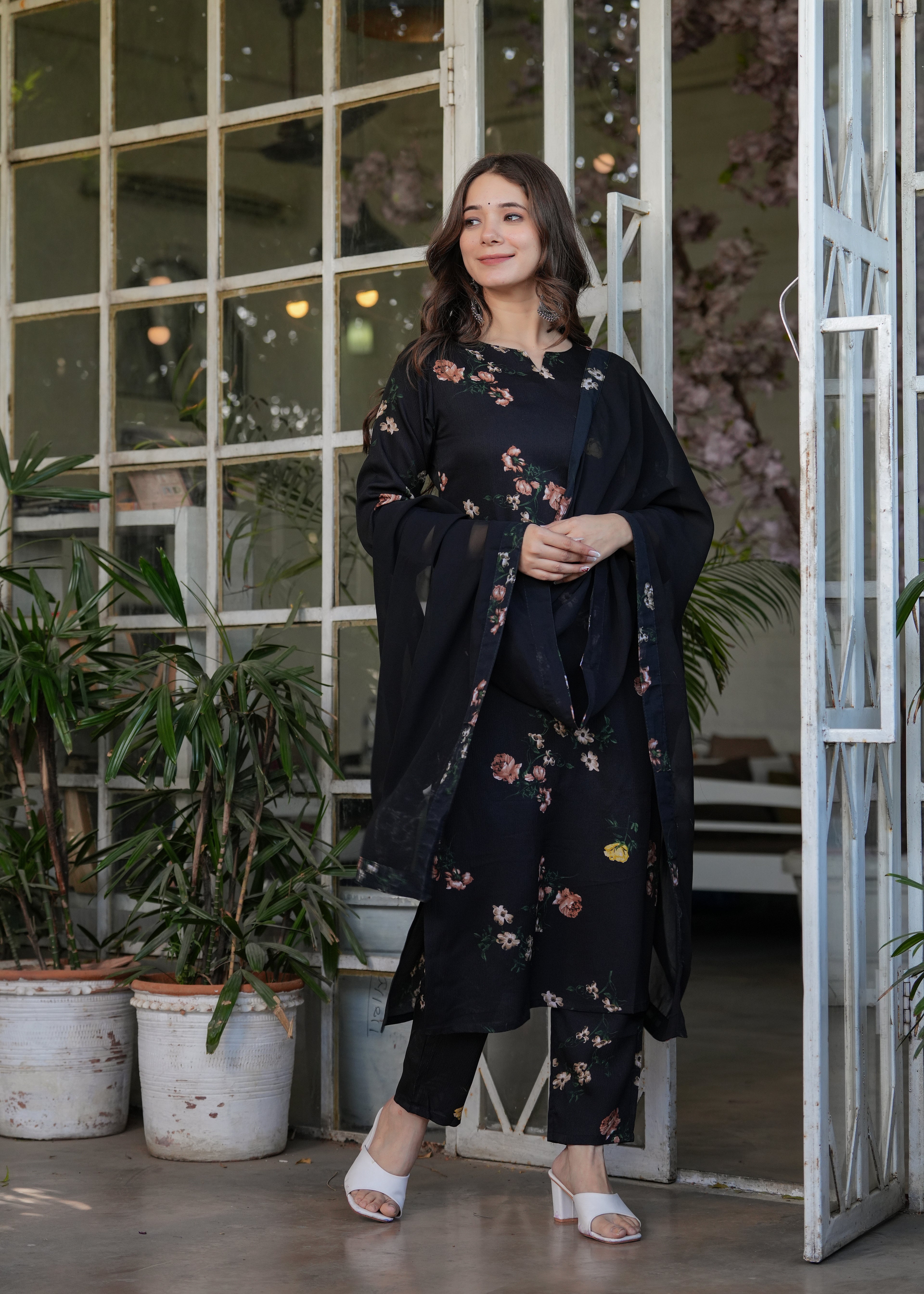 Women's Navy Blue Floral Embroidered Kurta Set with Dupatta, 3/4 Sleeve, Silk Fabric