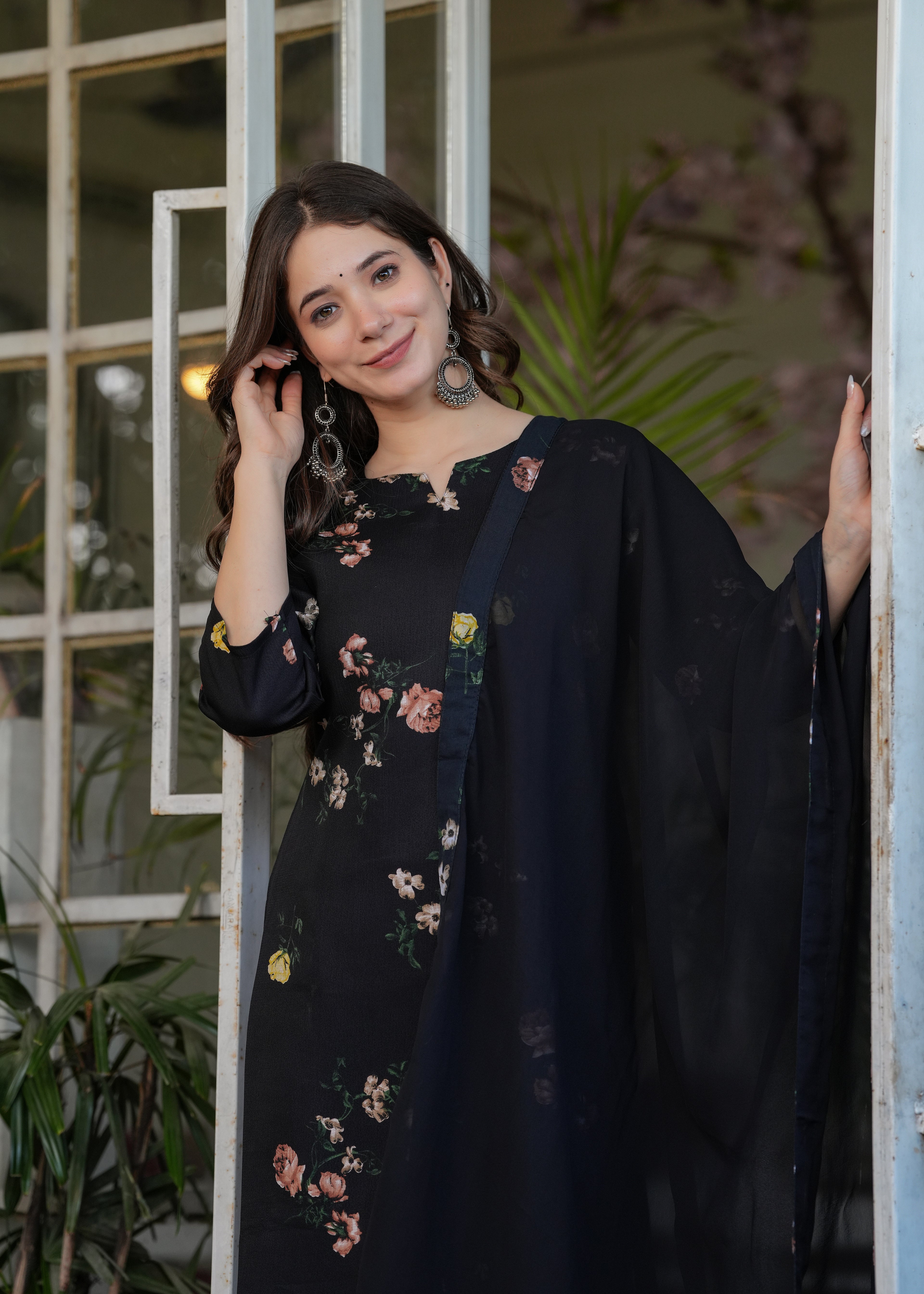 Women's Navy Blue Floral Embroidered Kurta Set with Dupatta, 3/4 Sleeve, Silk Fabric