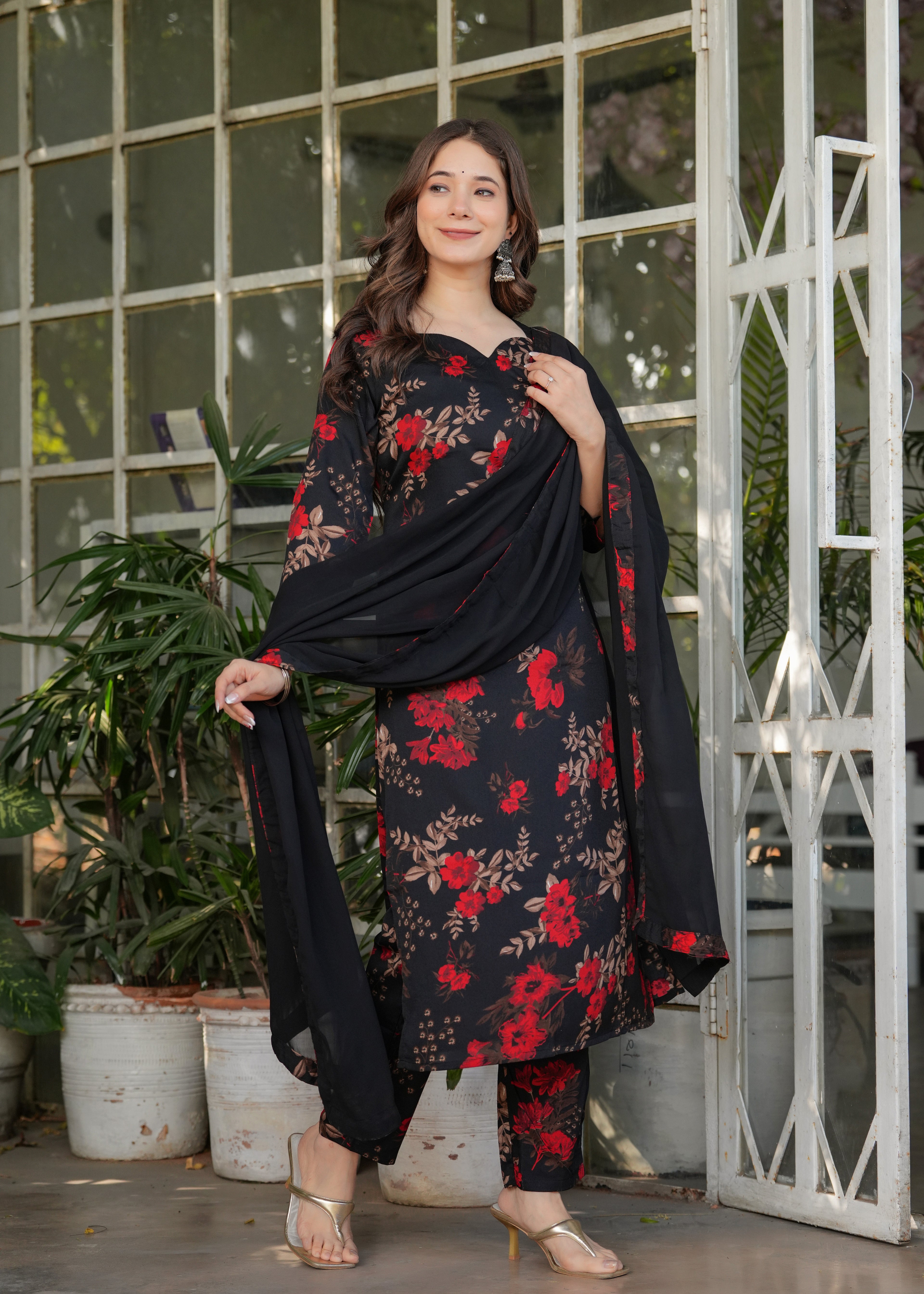 Women's Black  Floral Print Kurta Set with Dupatta, Black and Red, Traditional Indian Ethnic Wear