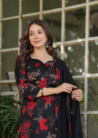 Women's Black  Floral Print Kurta Set with Dupatta, Black and Red, Traditional Indian Ethnic Wear