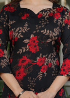 Women's Black  Floral Print Kurta Set with Dupatta, Black and Red, Traditional Indian Ethnic Wear
